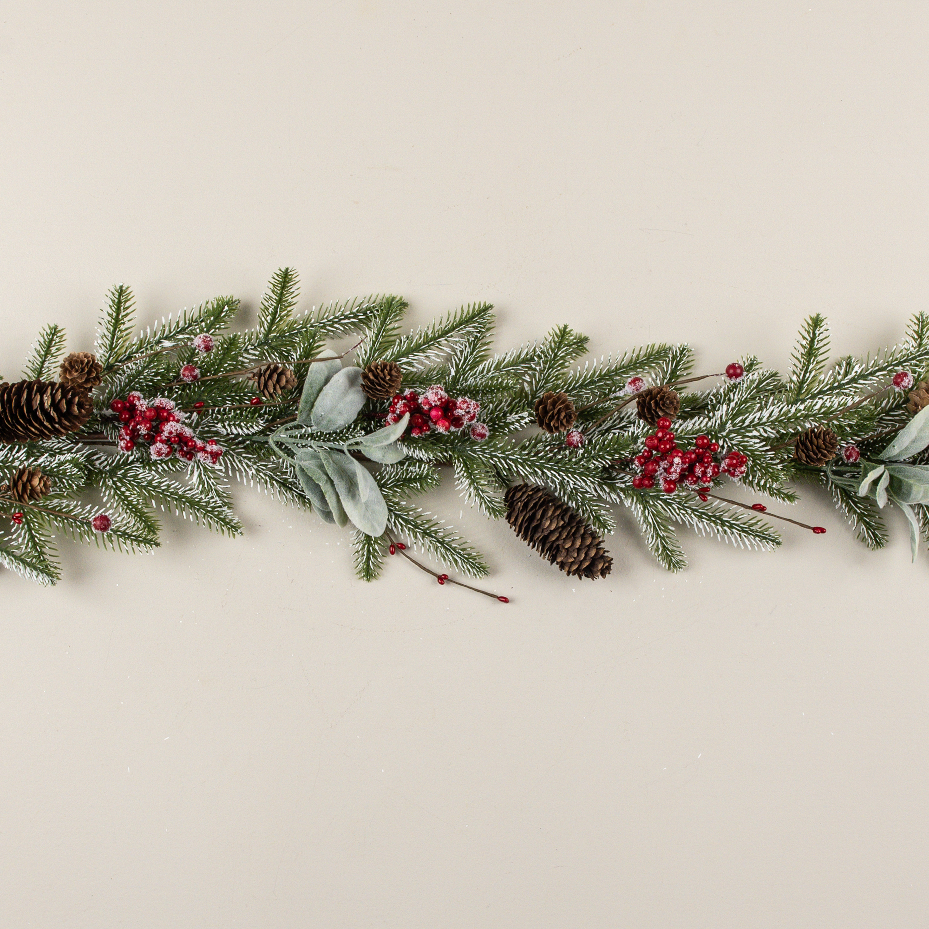 5' SNOWY PINE, LAMB'S EAR & RED BERRY GARLAND