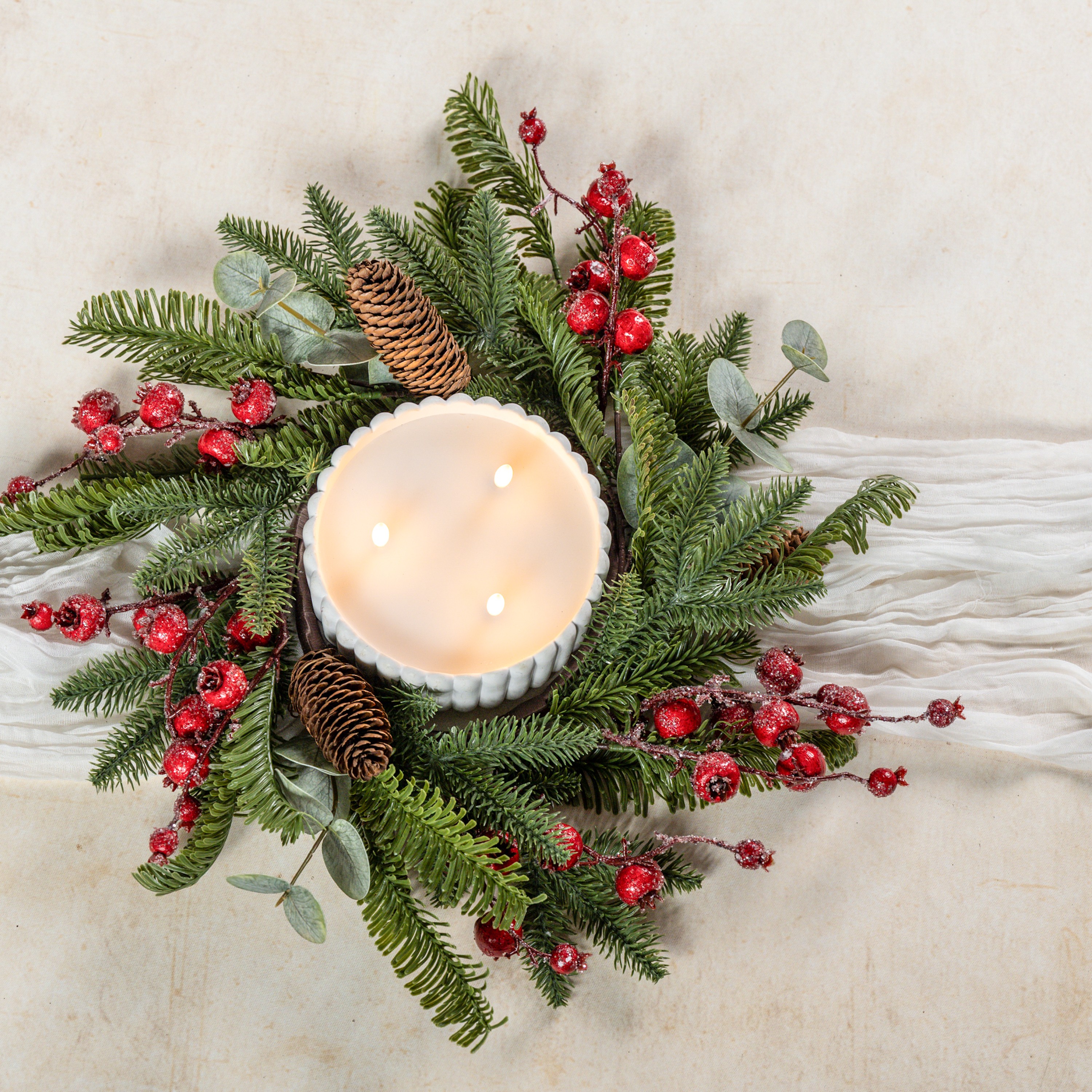 16" MIXED GREENS & ICY RED BERRY CANDLE RING
