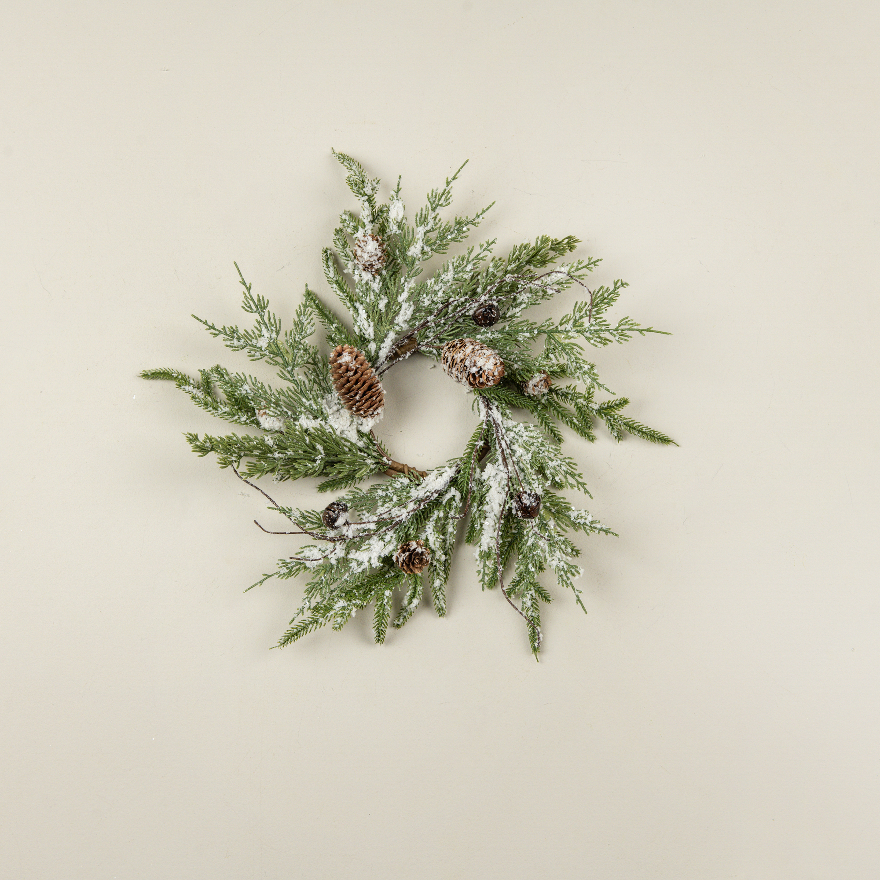 16" SNOWY PINE, BELLS & PINECONES CANDLE RING