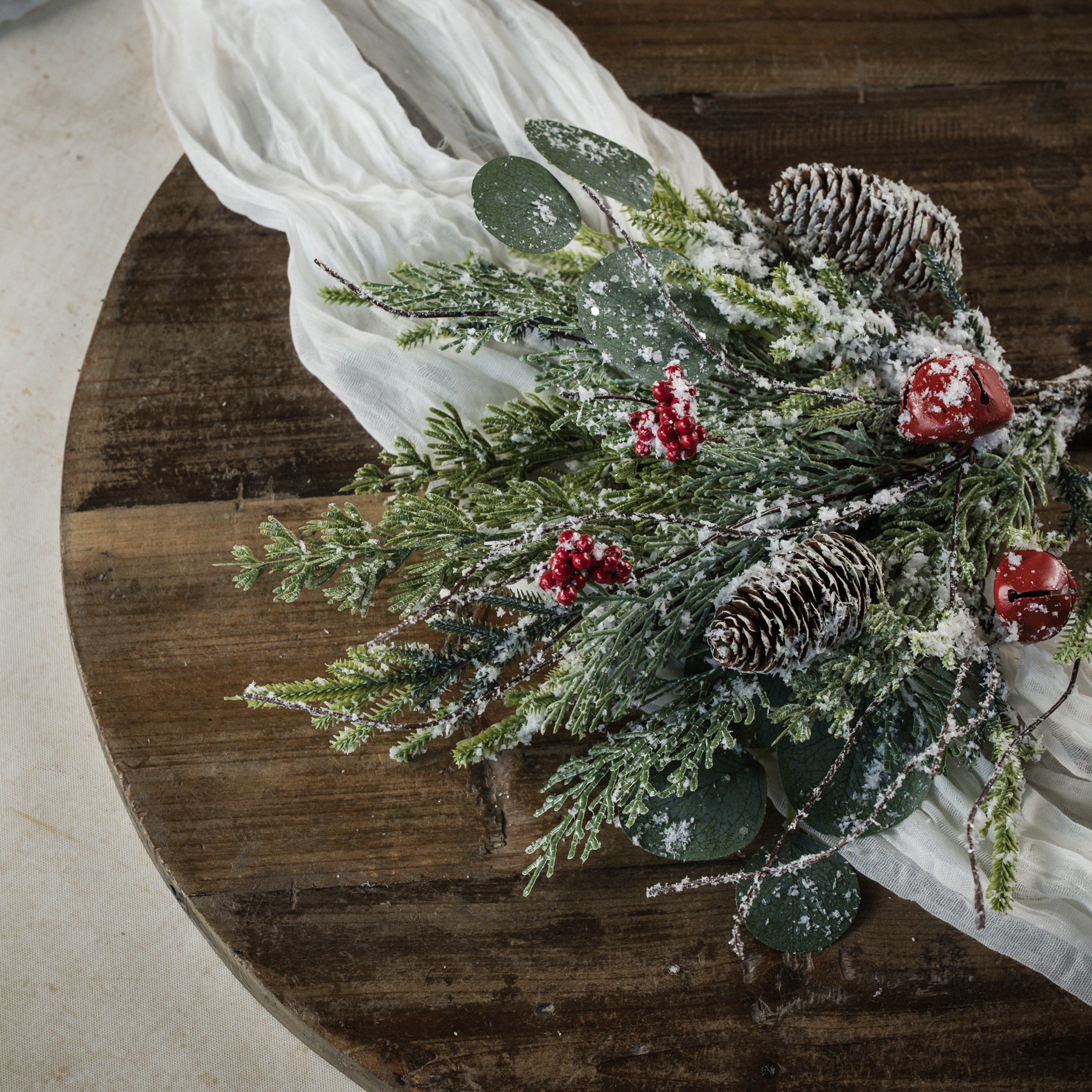 20" SNOWY PINE & CEDAR W/ BELLS & BERRIES BUSH