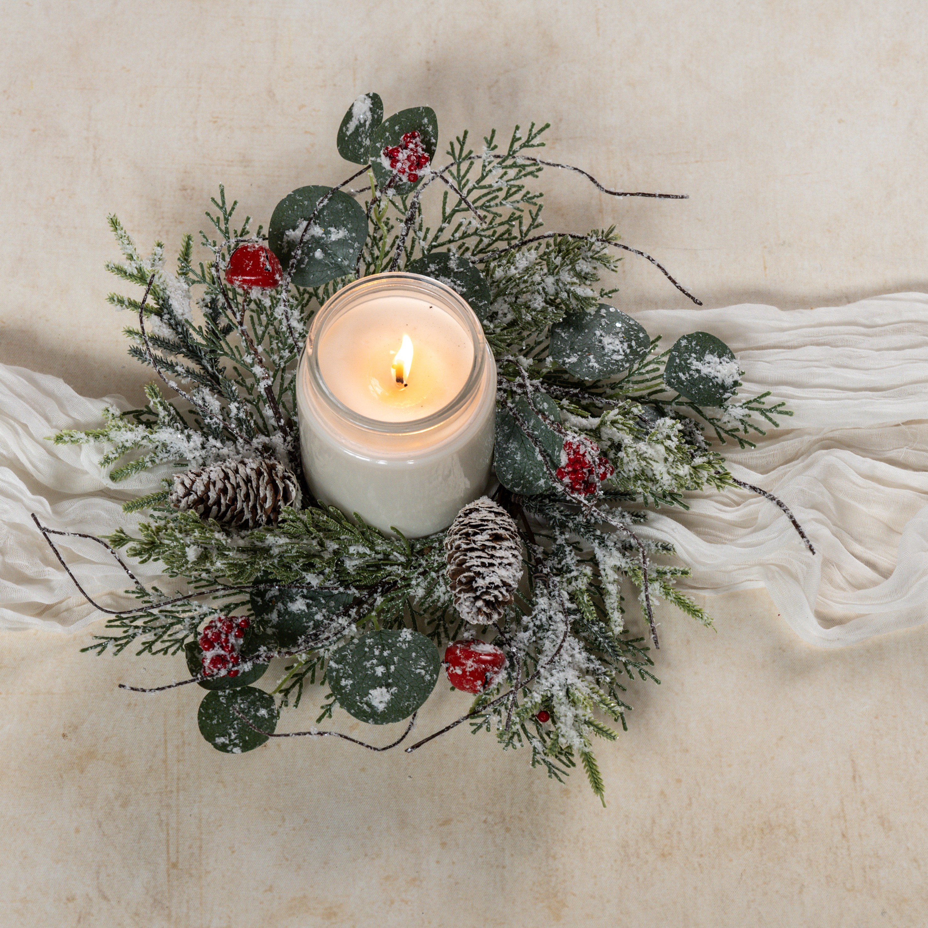 14" SNOWY PINE & CEDAR W/ BELLS & BERRIES CANDLE RING