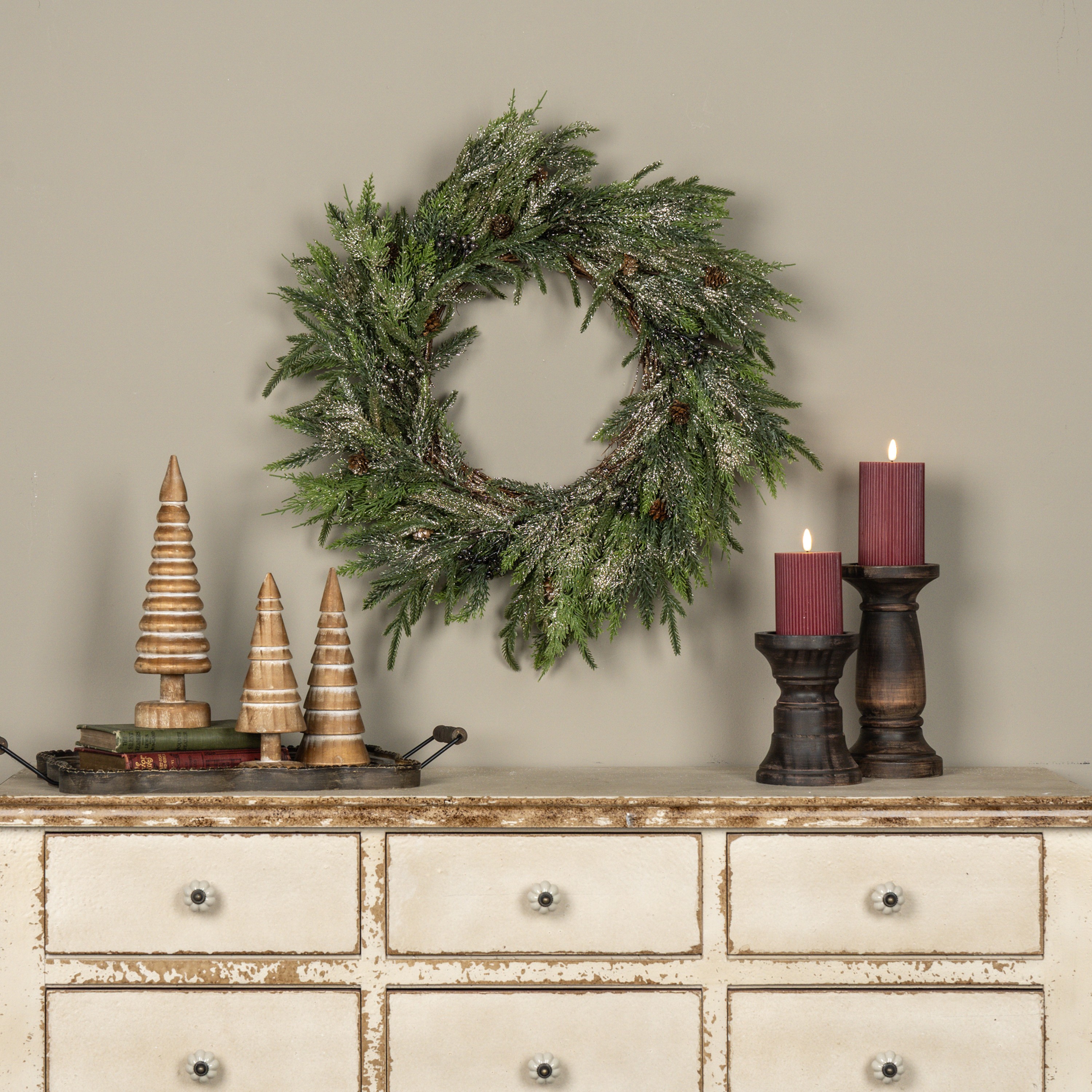 23" GLITTERED JUNIPER, PINECONE & BERRY WREATH