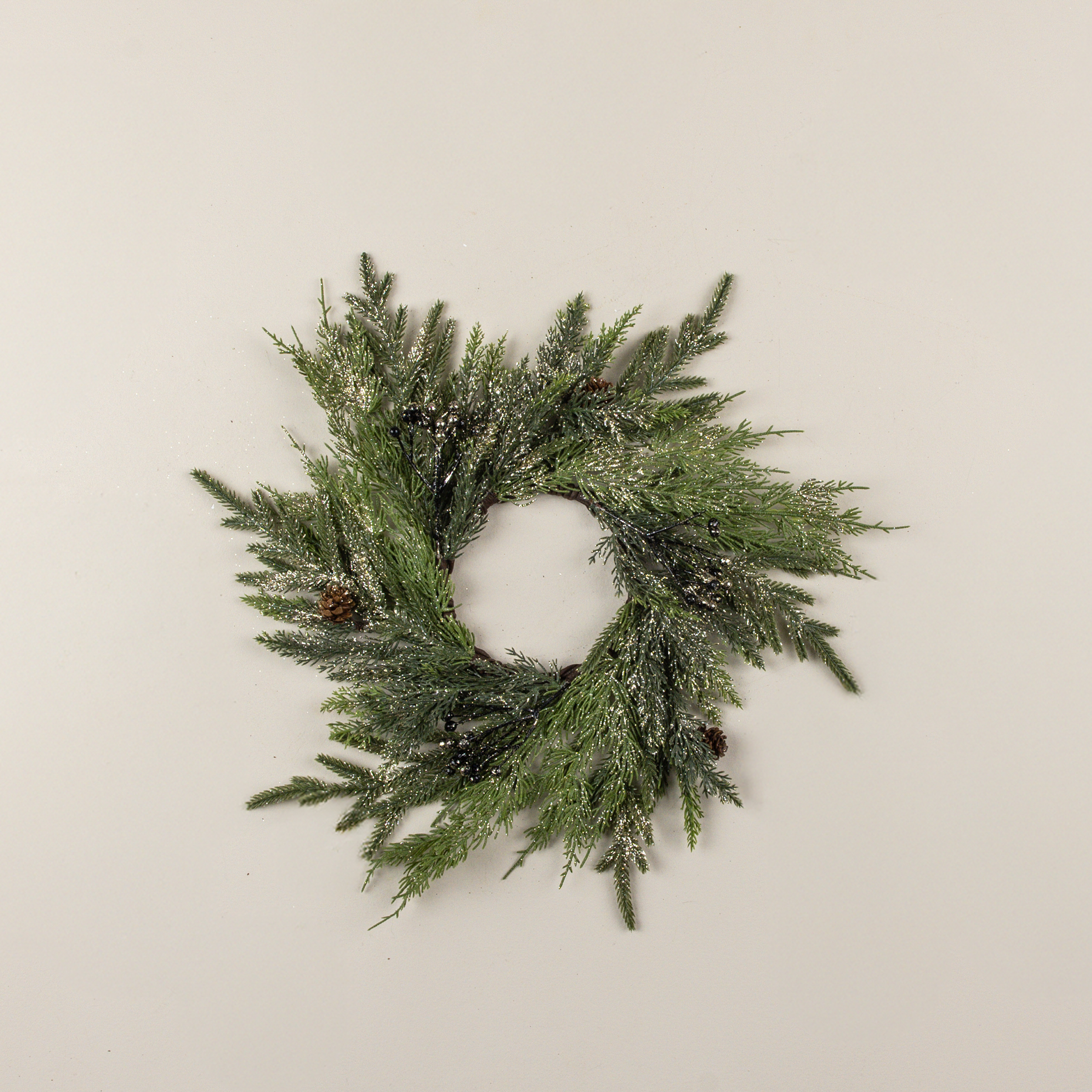 15.5" GLITTERED JUNIPER, PINECONE & BERRY CANDLE RING