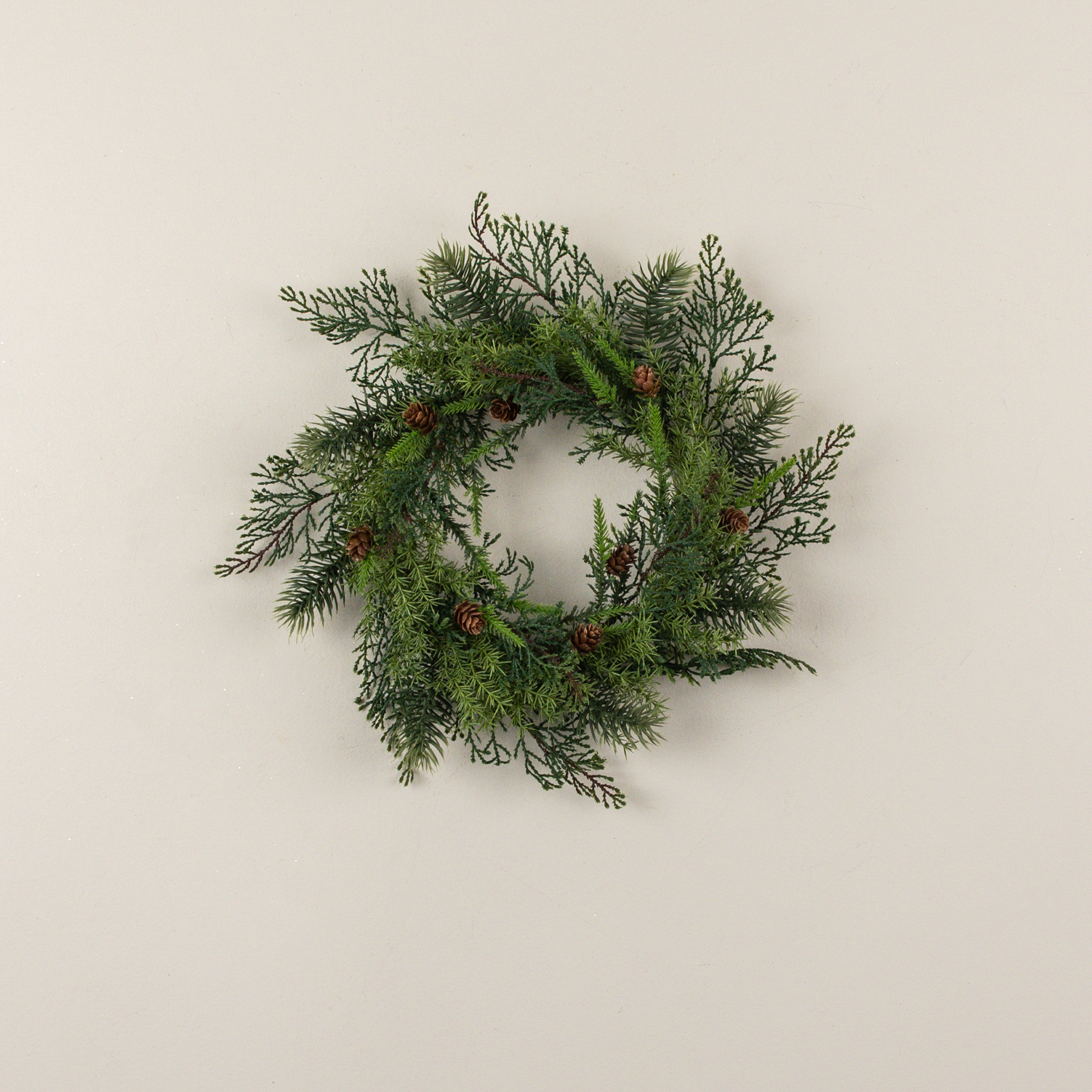 15" ASPARAGUS FERN, SPRUCE & PINE CANDLE RING