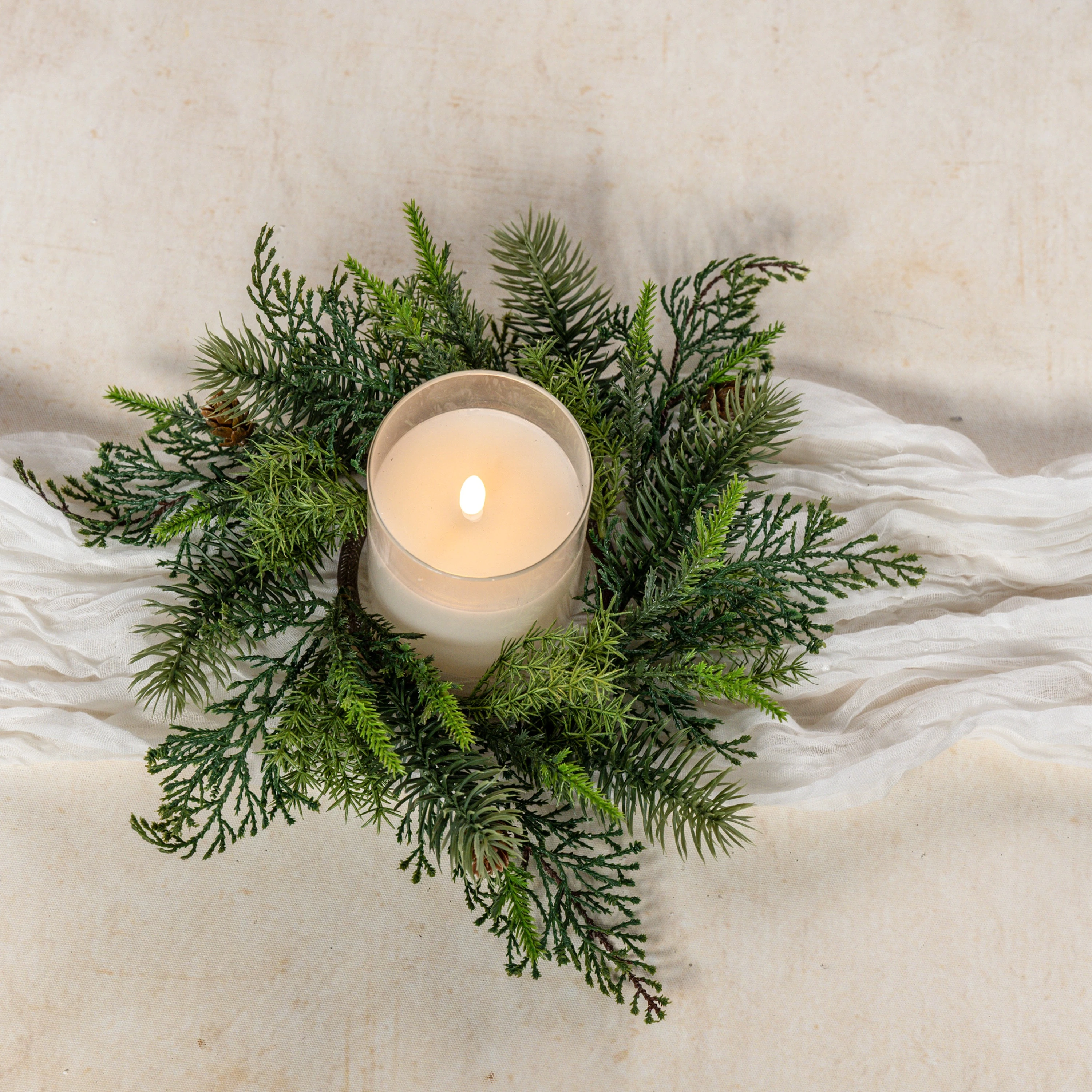 10.25" ASPARAGUS FERN, SPRUCE & PINE CANDLE RING