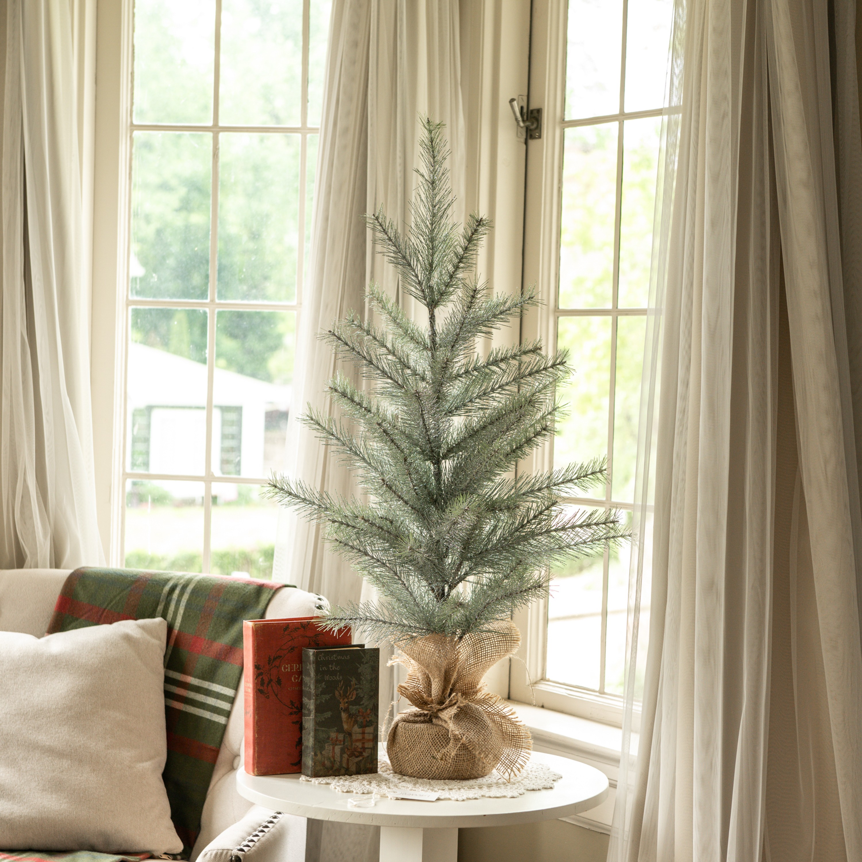 3' GLITTERED PINE TREE W/ BURLAP BASE