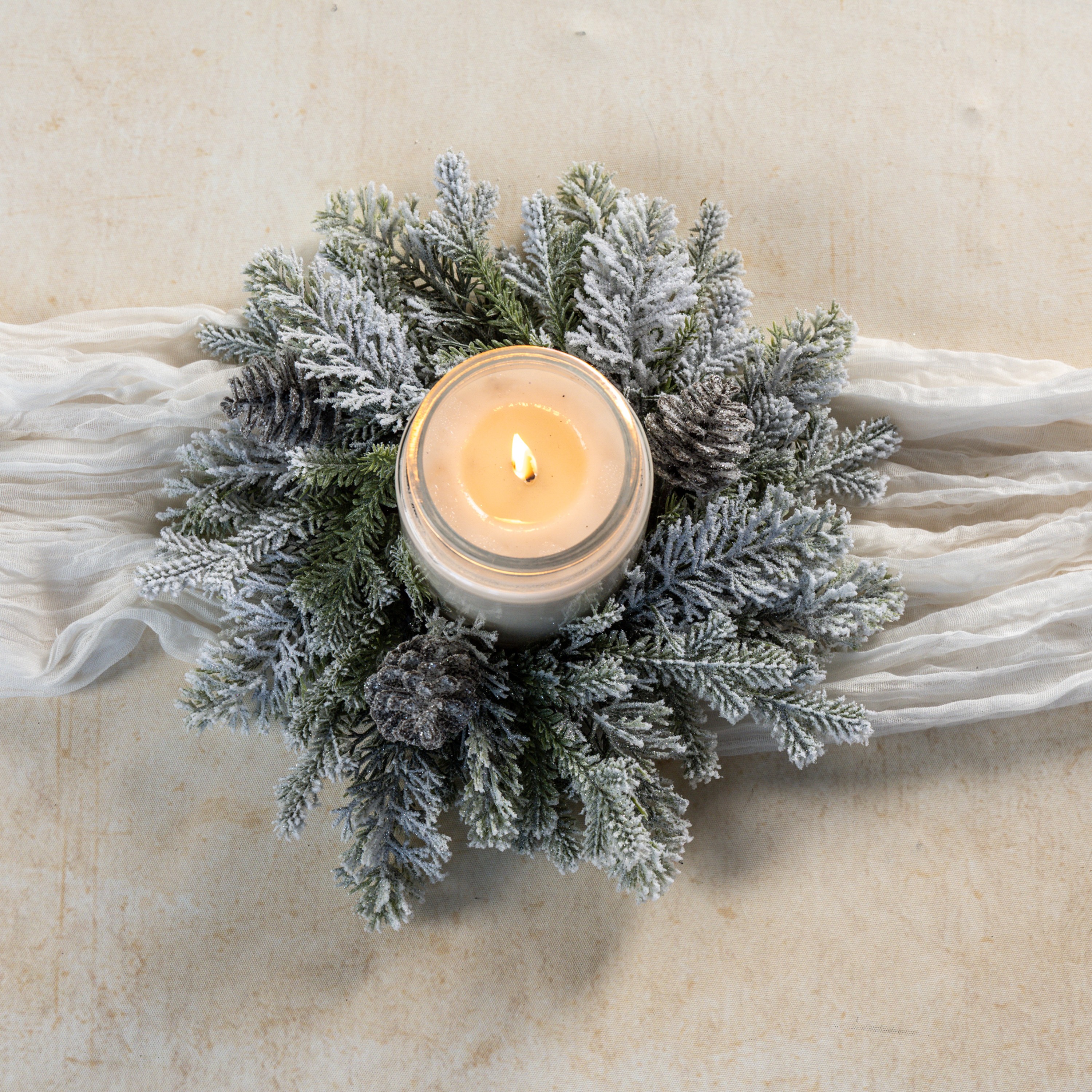 12" GLITTERED PINE & PINECONE CANDLE RING