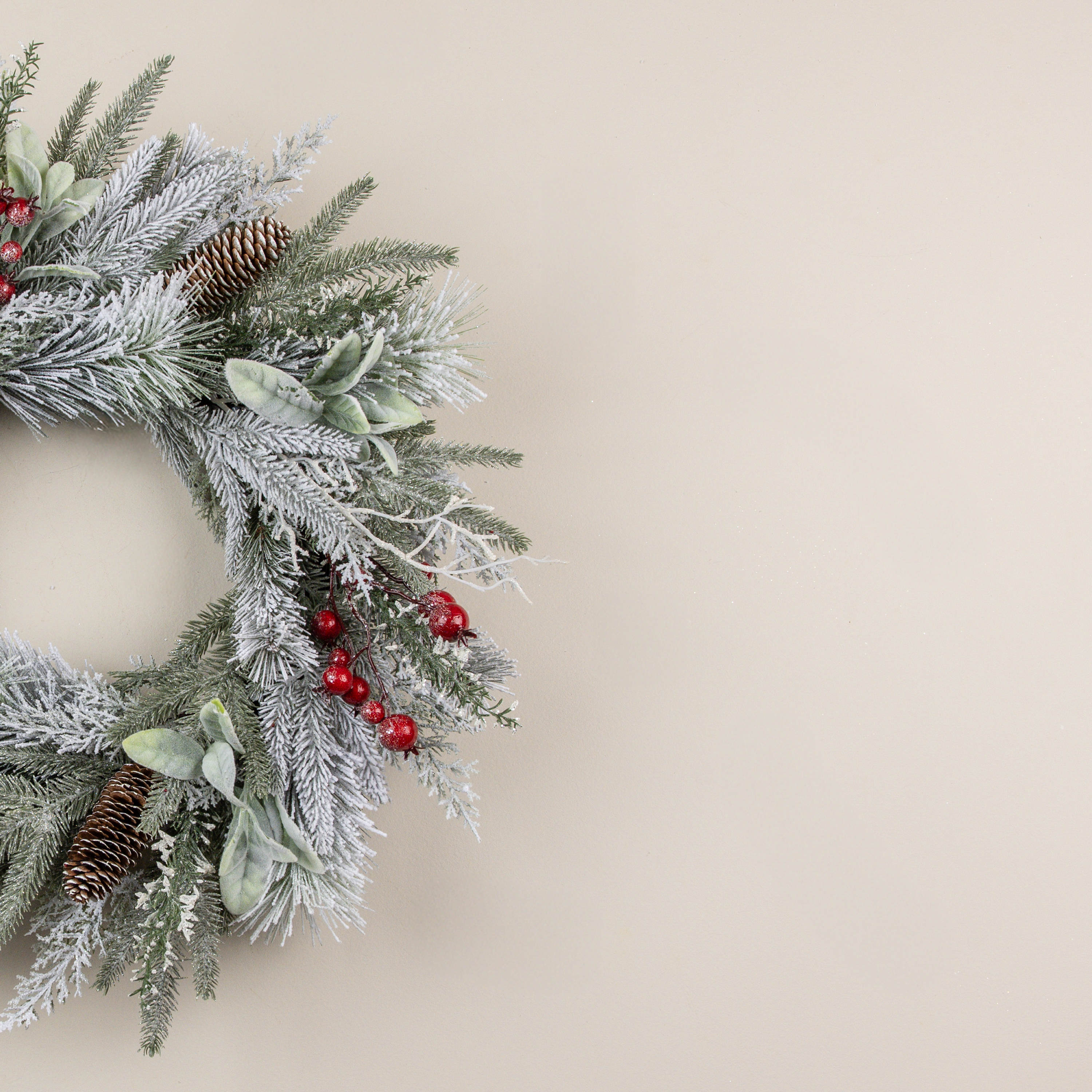 24" SNOW COVERED PINE, LAMB'S EAR & RED BERRY WREATH