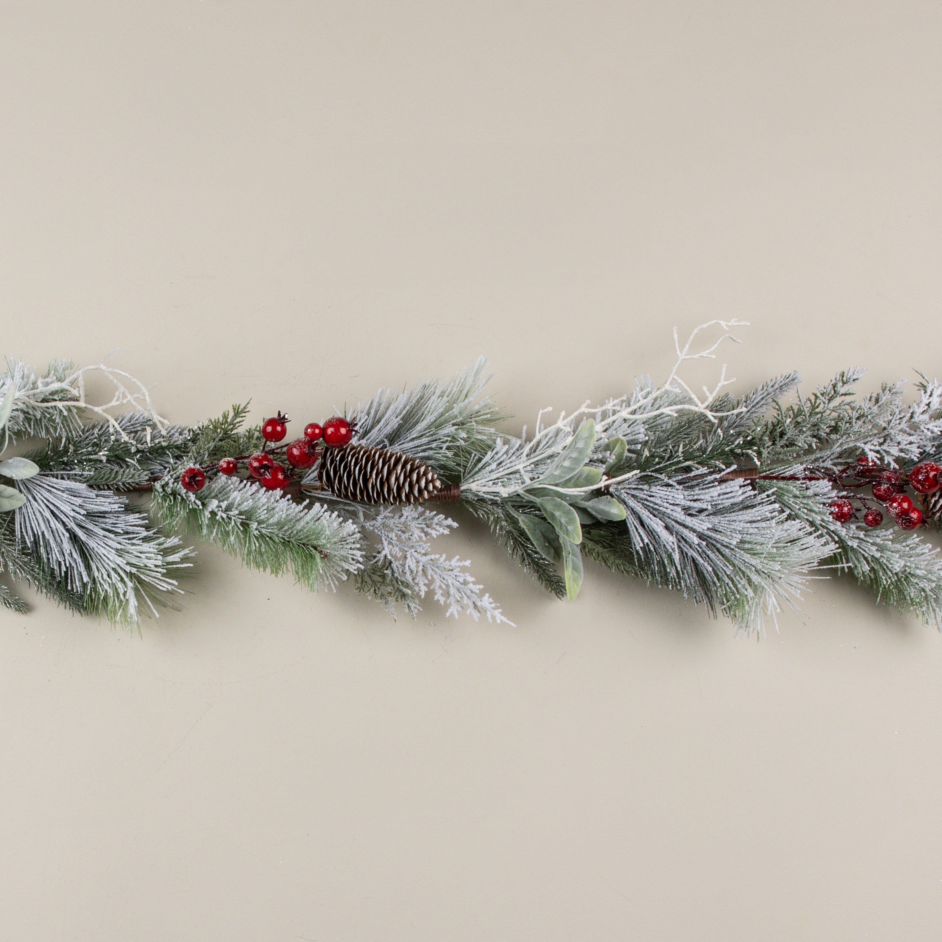 6' SNOW COVERED PINE, LAMB'S EAR & RED BERRY WREATH