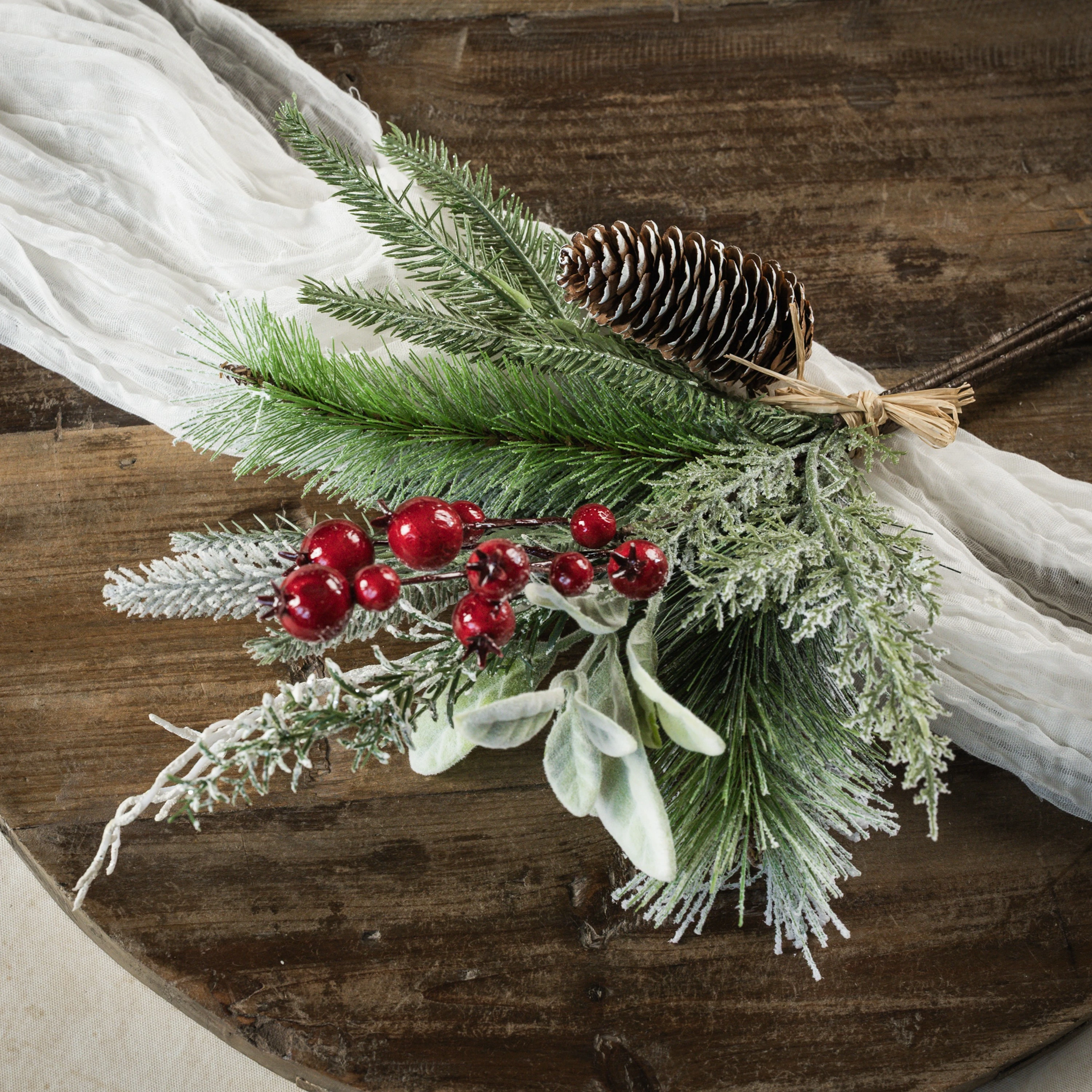 18" SNOW COVERED PINE, LAMB'S EAR & RED BERRY PICK