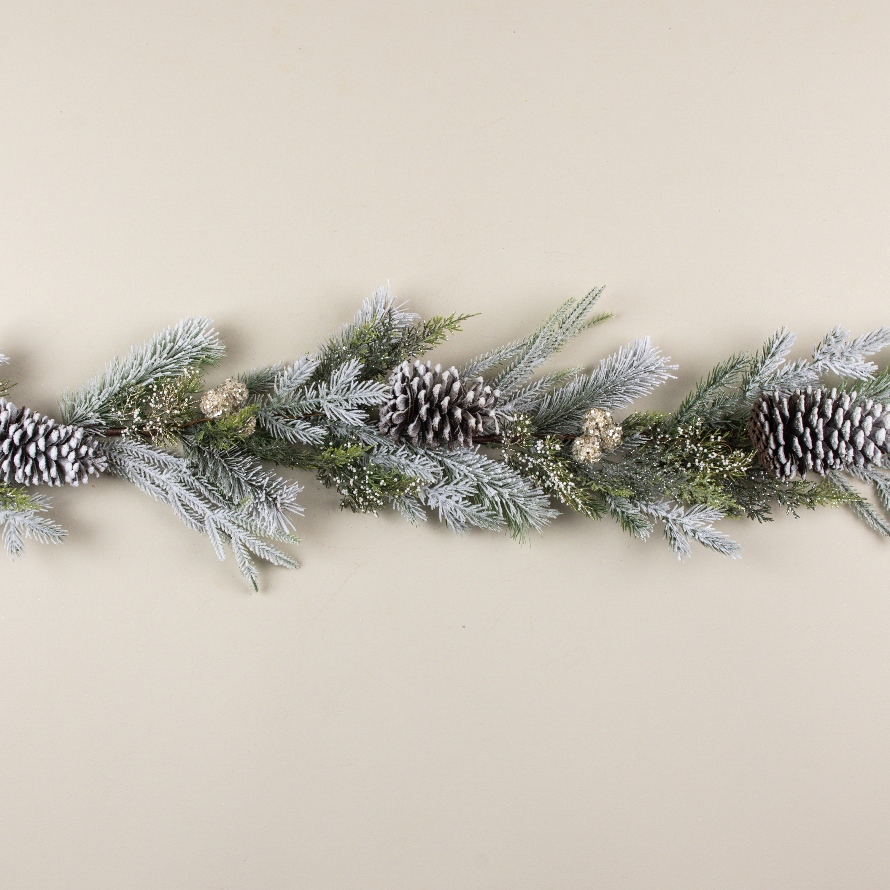 6' FROSTED PINE, GLITTER BALL & PINECONE GARLAND