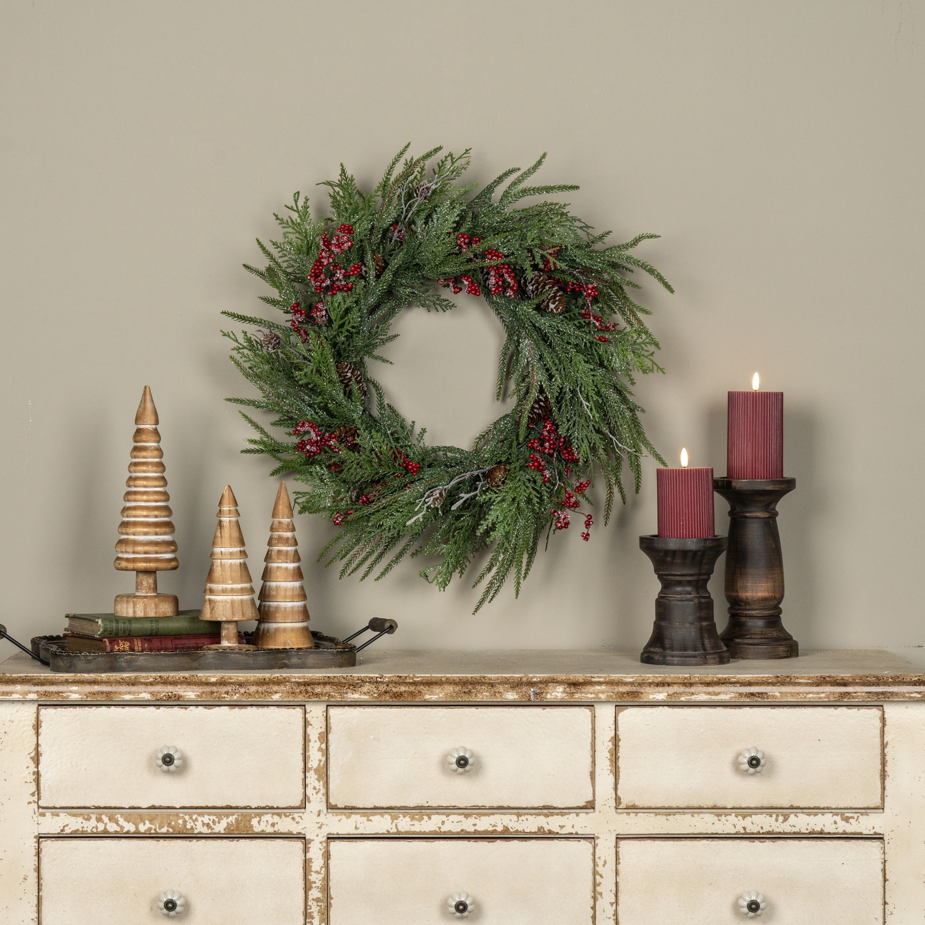 24" CEDAR, PINE & RED BERRIES WREATH