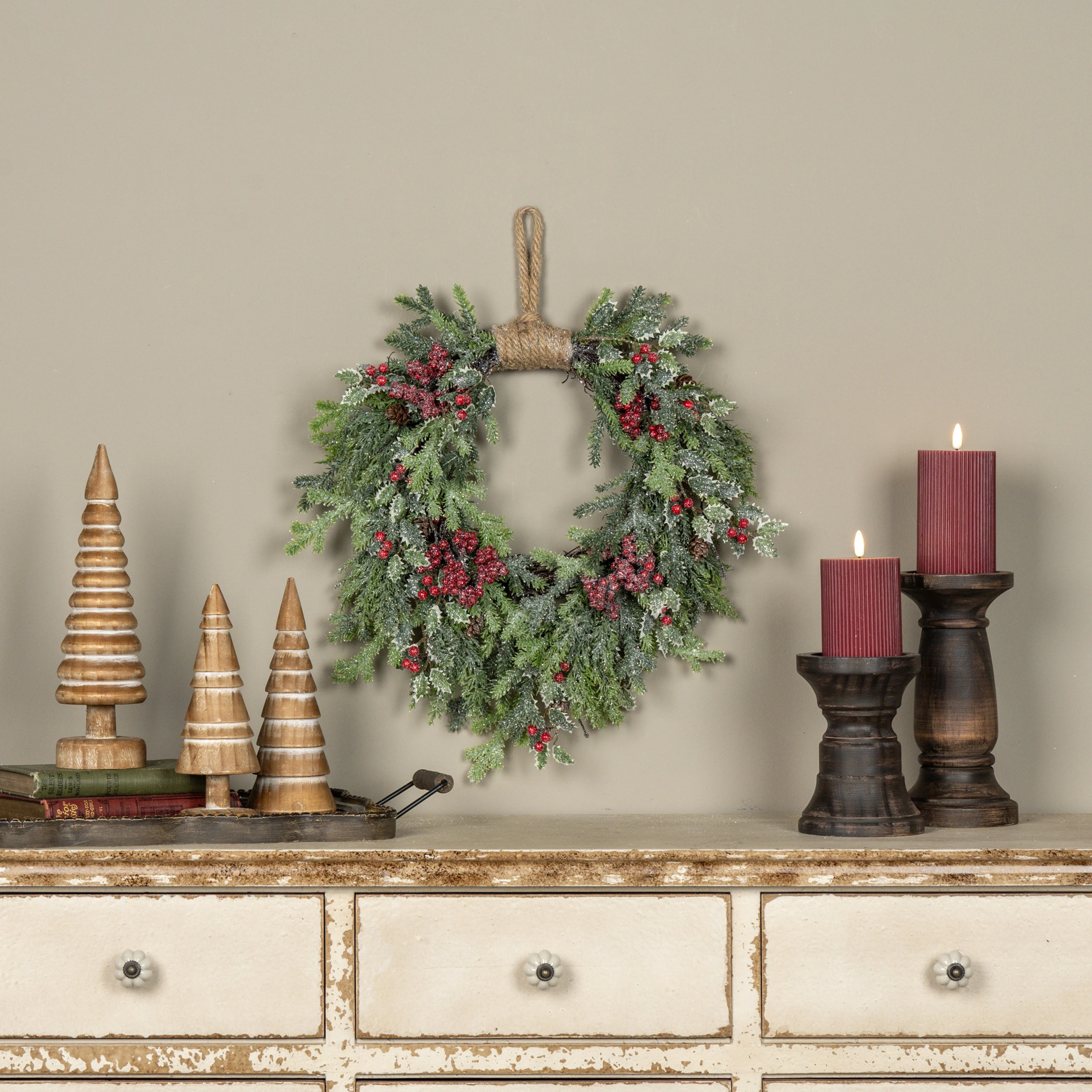 20" GLITTERED PINE, CYPRESS & HOLLY HANGING WREATH