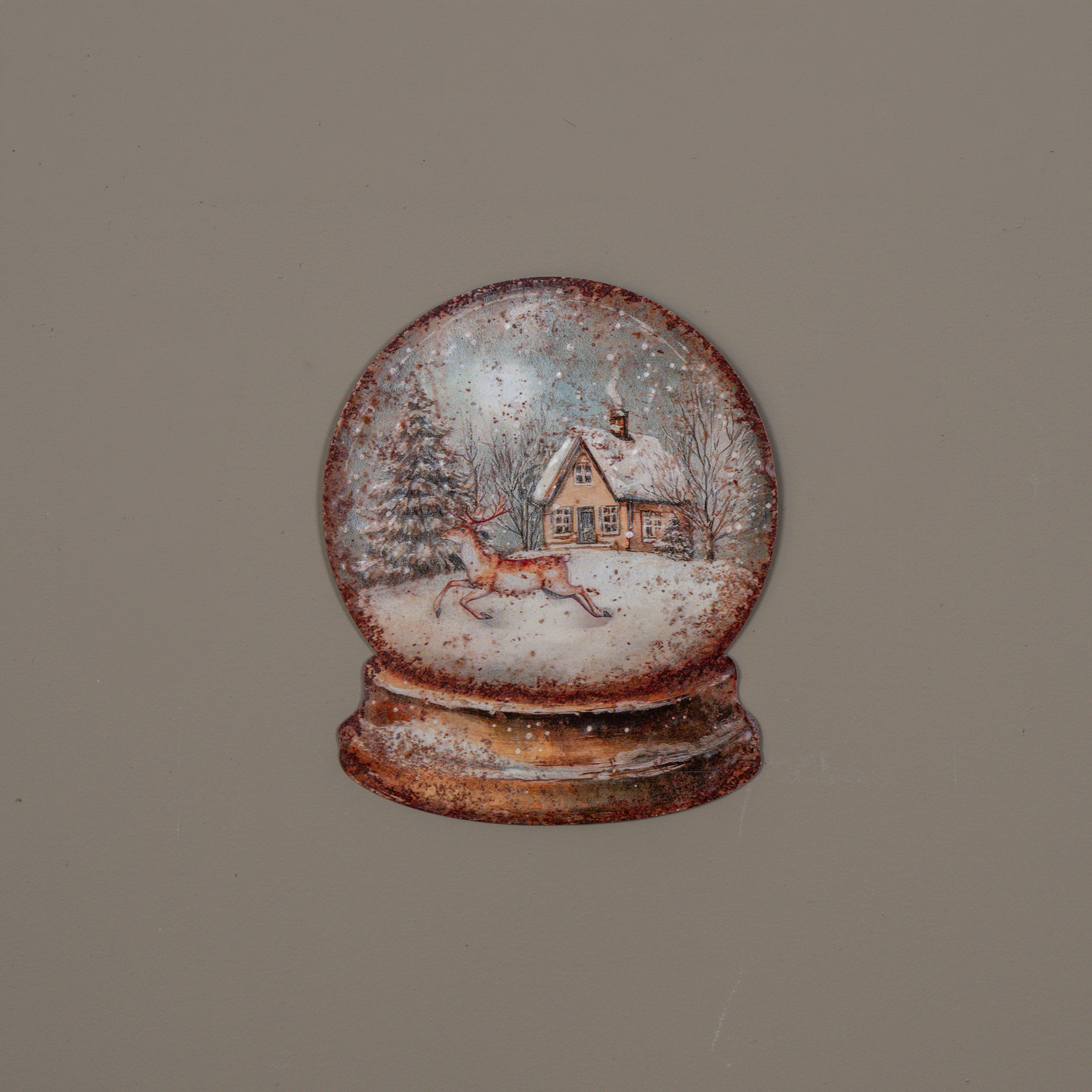 11.25" HOUSE & DEER SNOW GLOBE METAL SIGN
