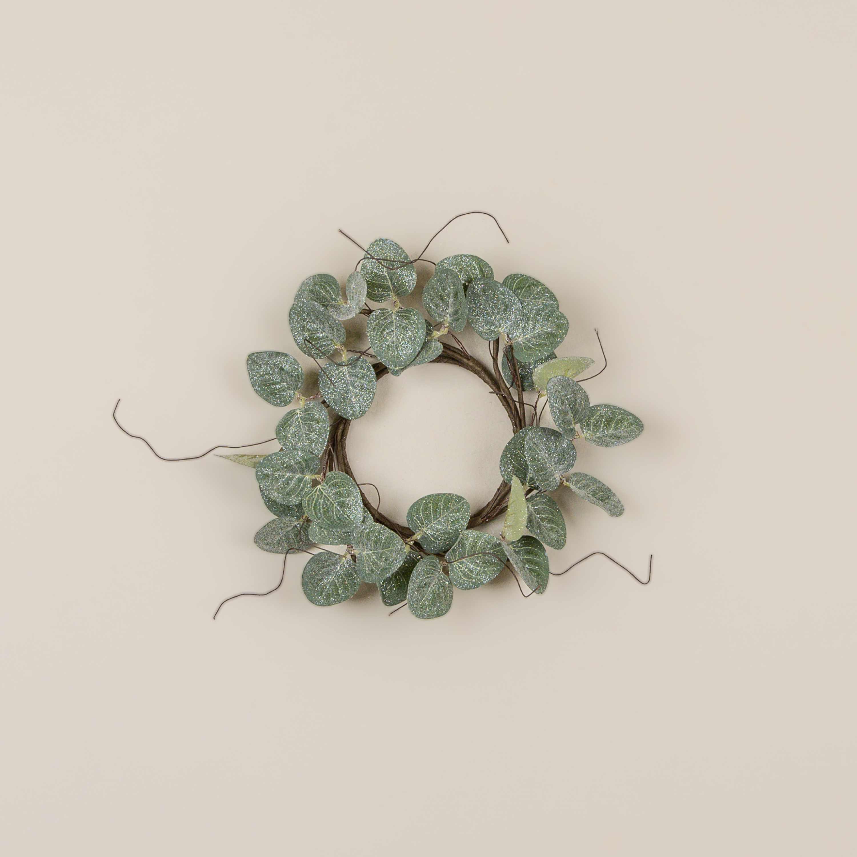 12" GLITTERED EUCALYPTUS & TWIG CANDLE RING