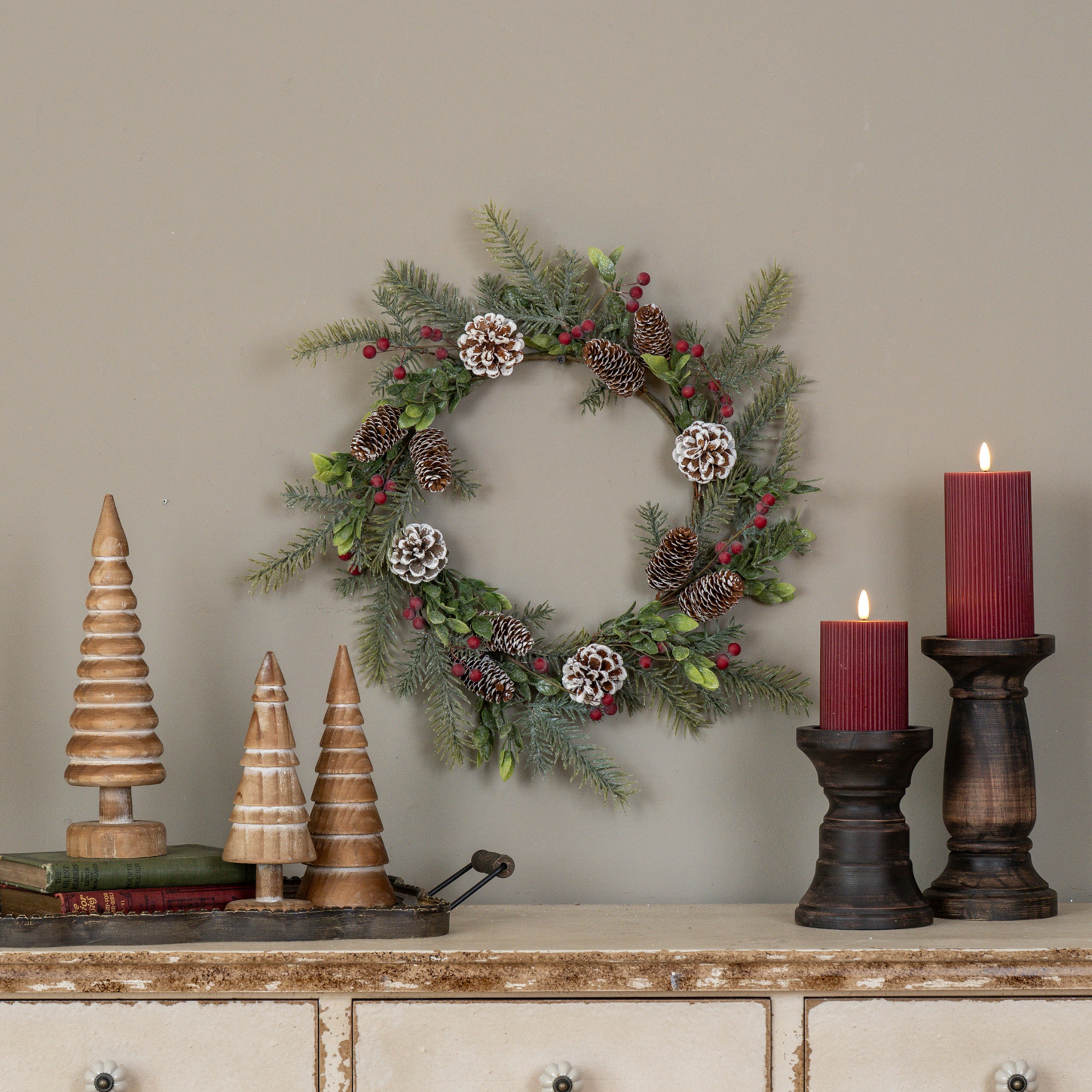 19" GLITTERED PINE W/ RED BERRIES & PINECONE WREATH