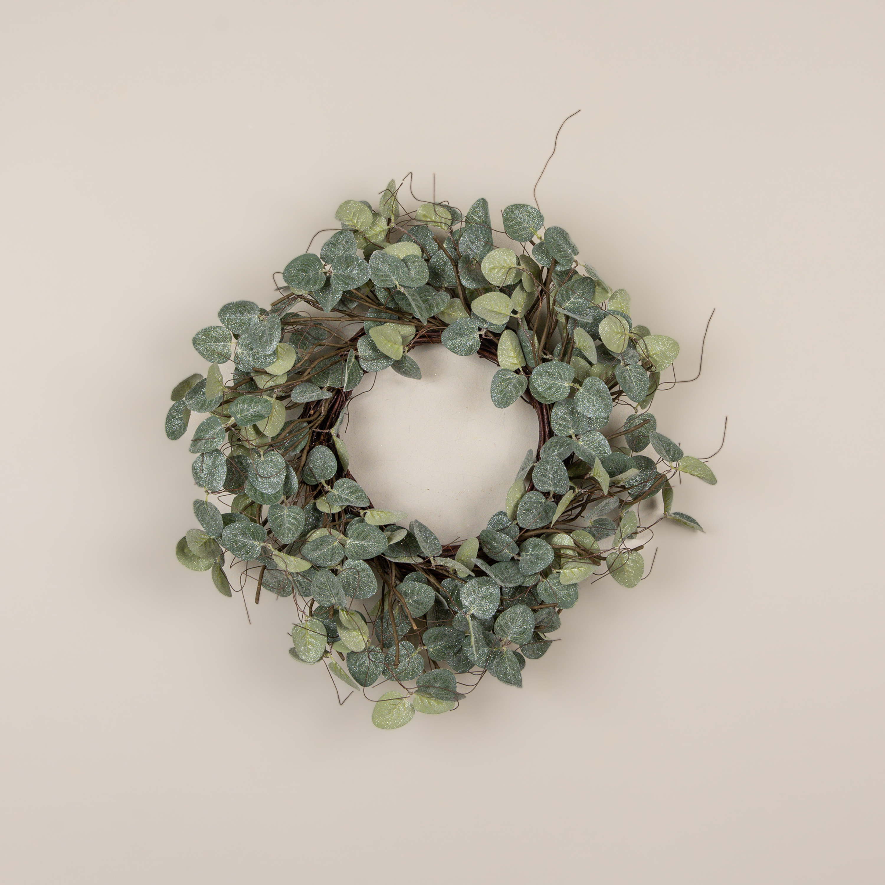 20" GLITTERED EUCALYPTUS & TWIG WREATH