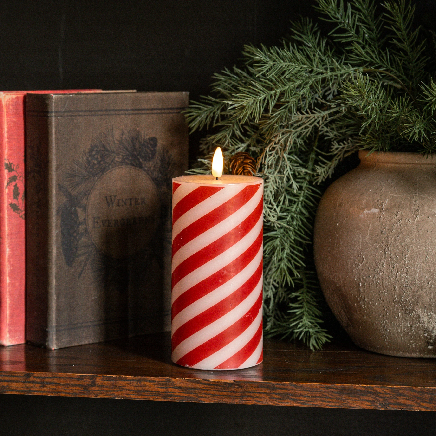 6" CANDY CANE 3D FLAME PILLAR CANDLE