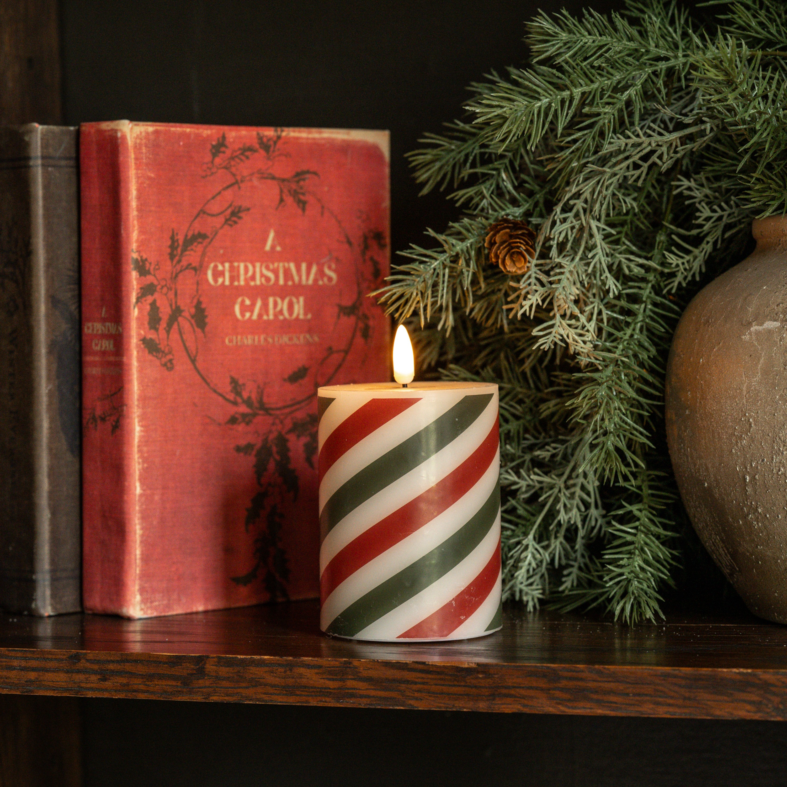 4" RED & GREEN CANDY CANE 3D FLAME PILLAR CANDLE