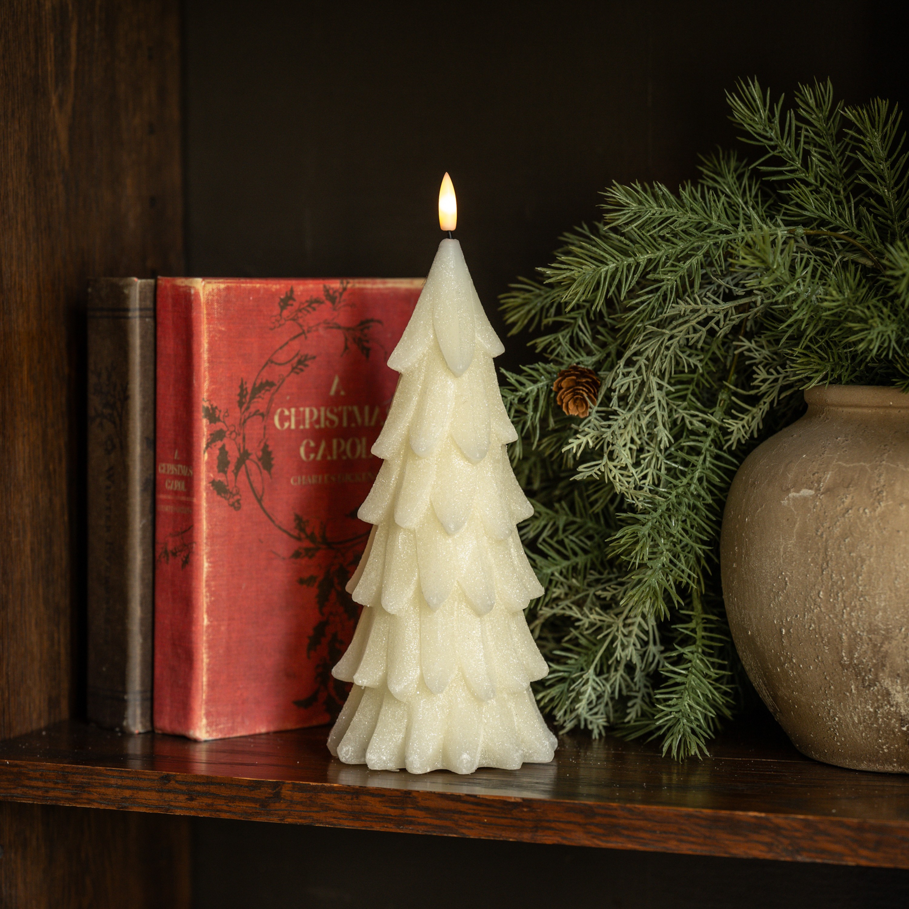 9.25" CREAM SHIMMER 3D FLAME ALABASTER PINE TREE CANDLE