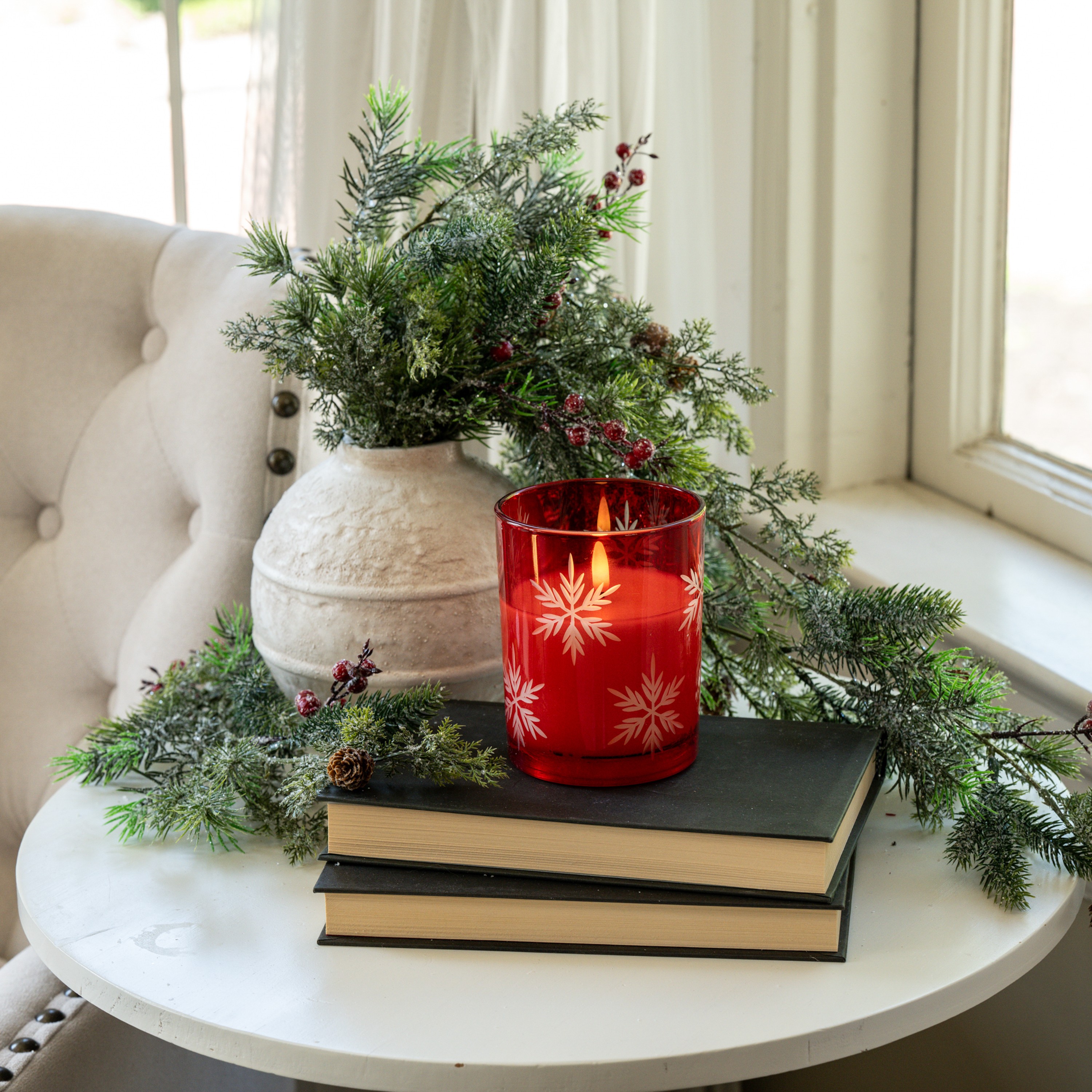 5" RED THICK GLASS W/ SNOWFLAKES 3D FLAME CANDLE