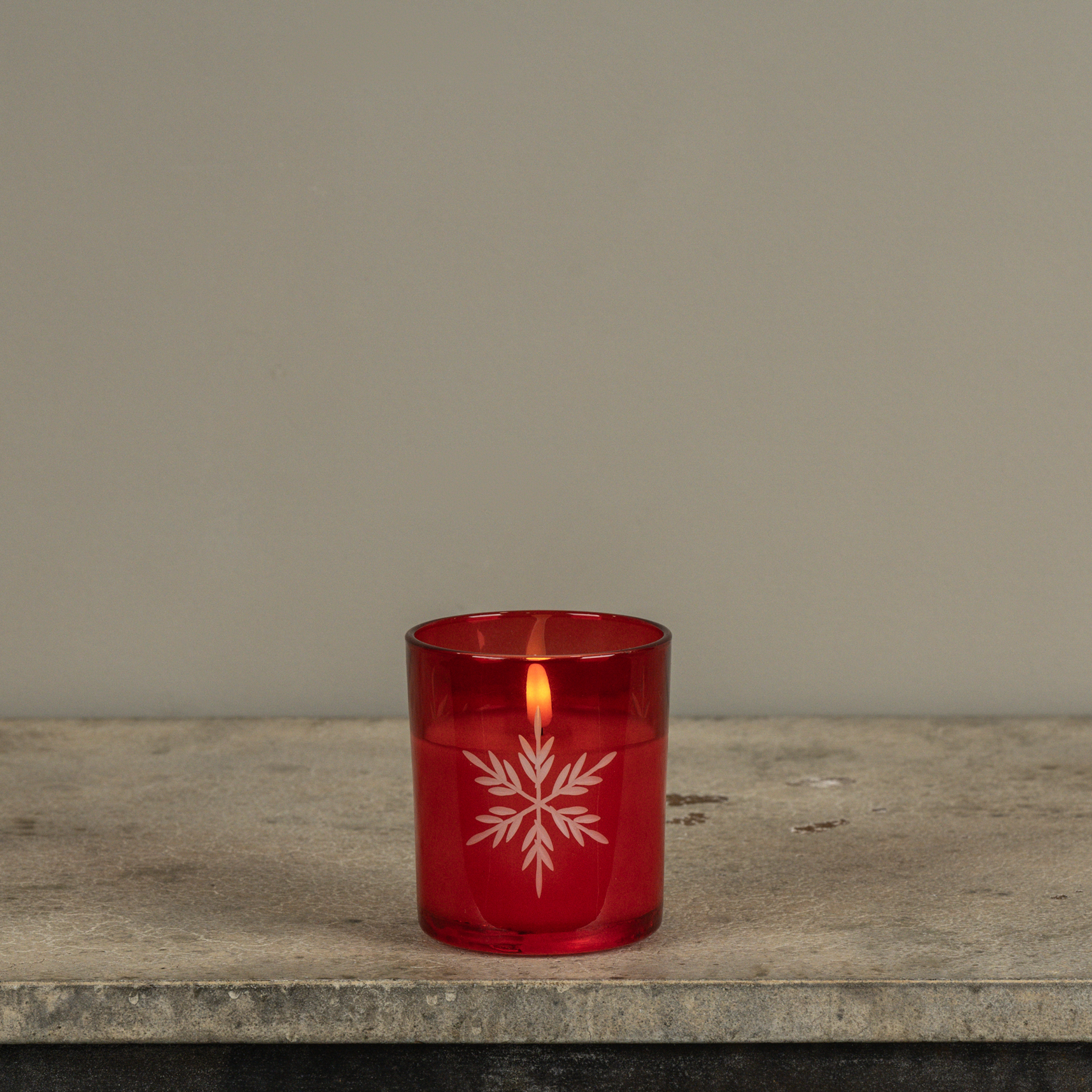 4" RED THICK GLASS W/ SNOWFLAKES 3D FLAME CANDLE