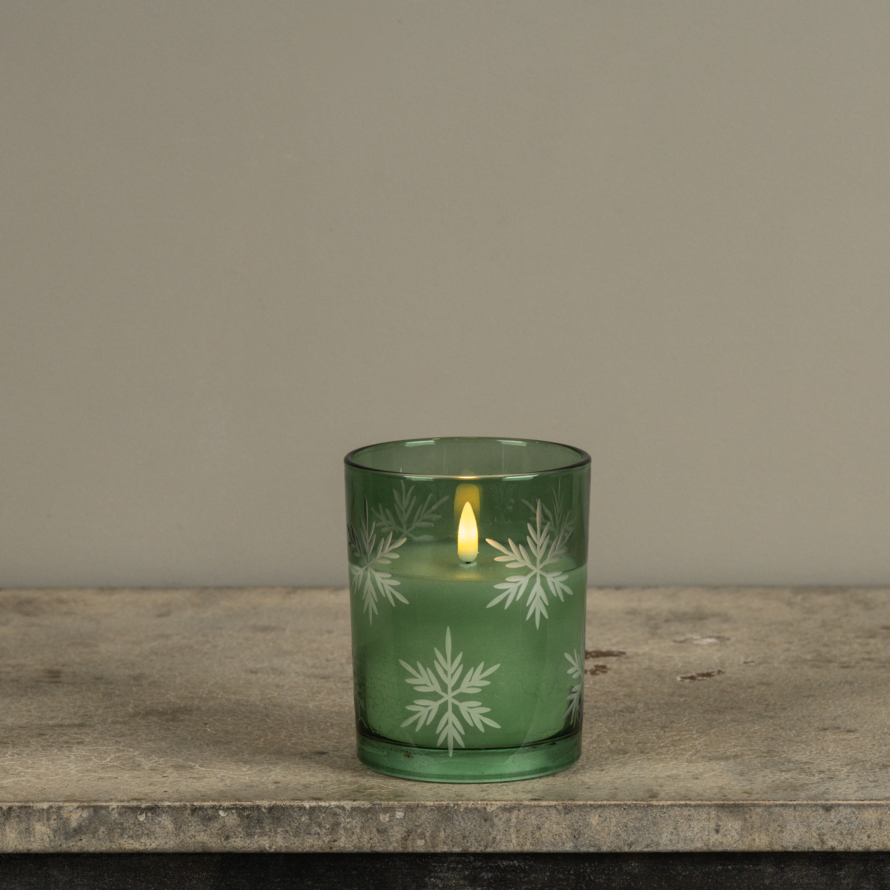 5" GREEN THICK GLASS W/ SNOWFLAKES 3D FLAME CANDLE