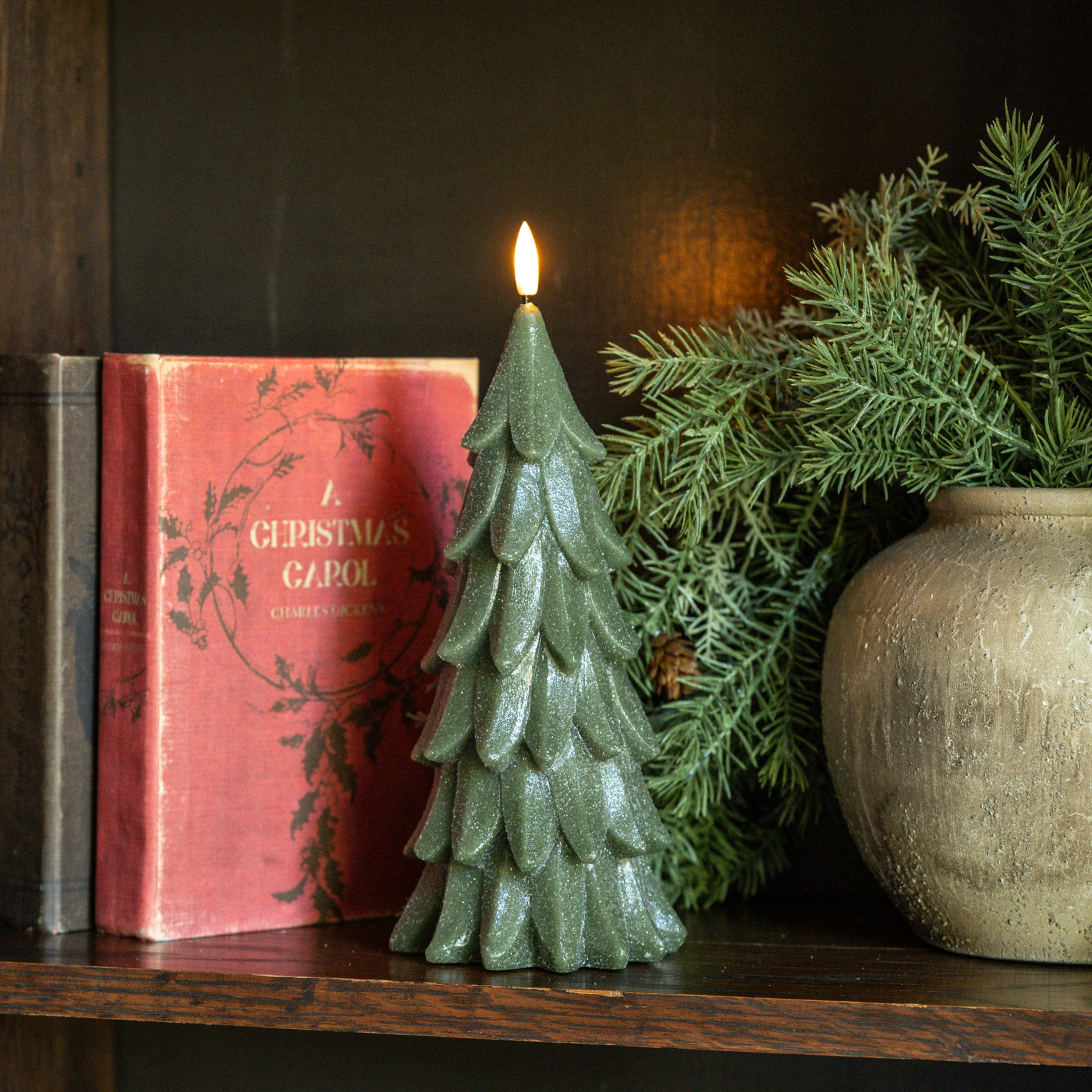9.25" GREEN SHIMMER 3D FLAME ALABASTER PINE TREE CANDLE