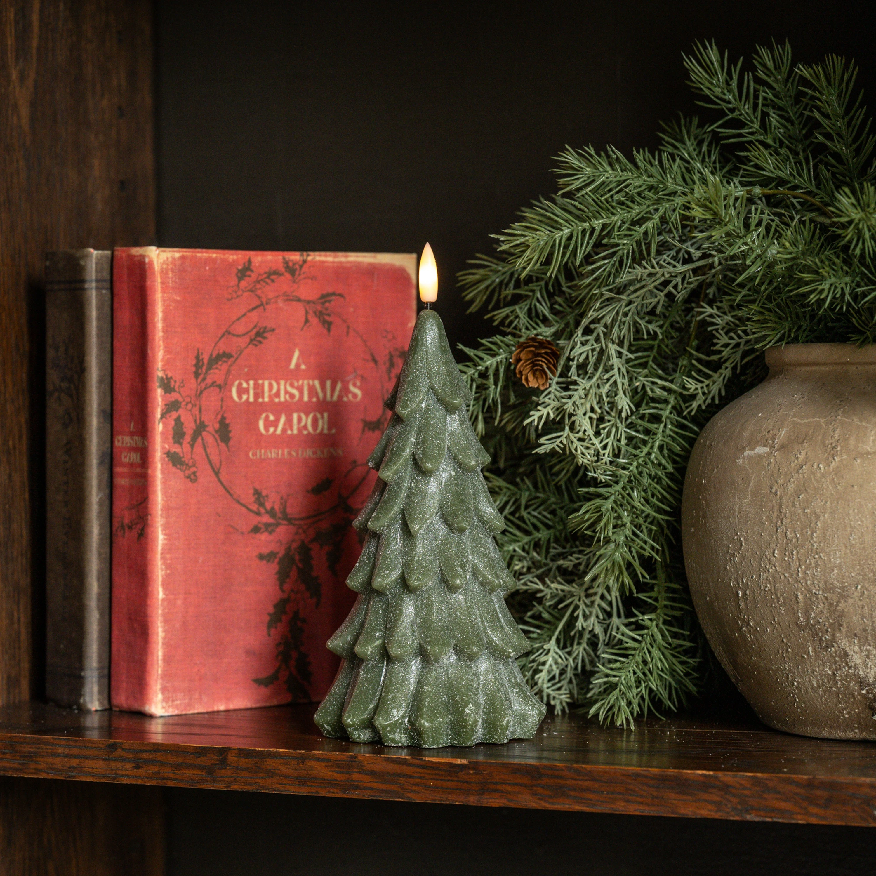 8" GREEN SHIMMER 3D FLAME ALABASTER PINE TREE CANDLE