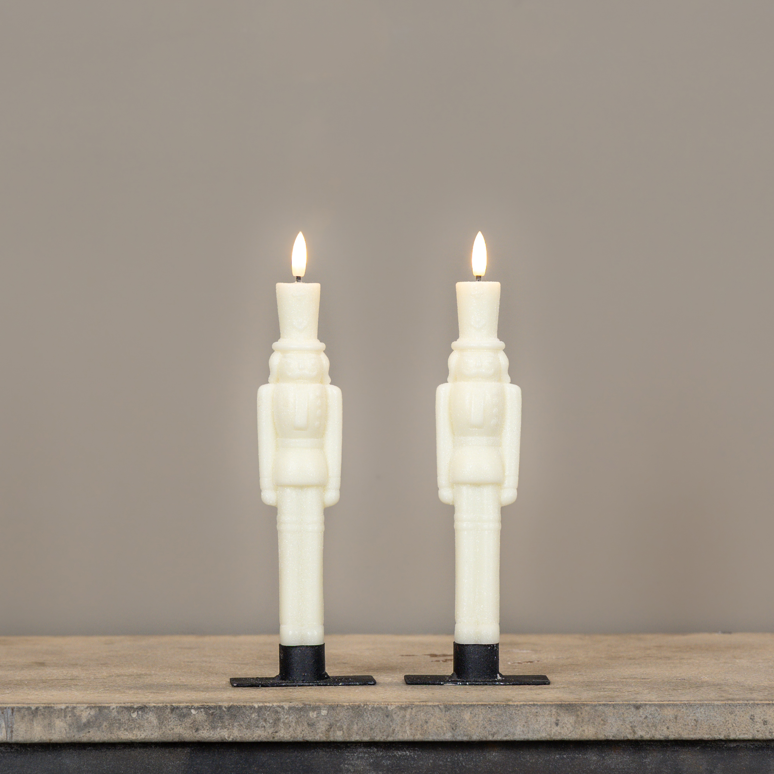 SET/2 - 9.75" 3D FLAME CREAM SHIMMER NUTCRACKER TAPER CANDLES