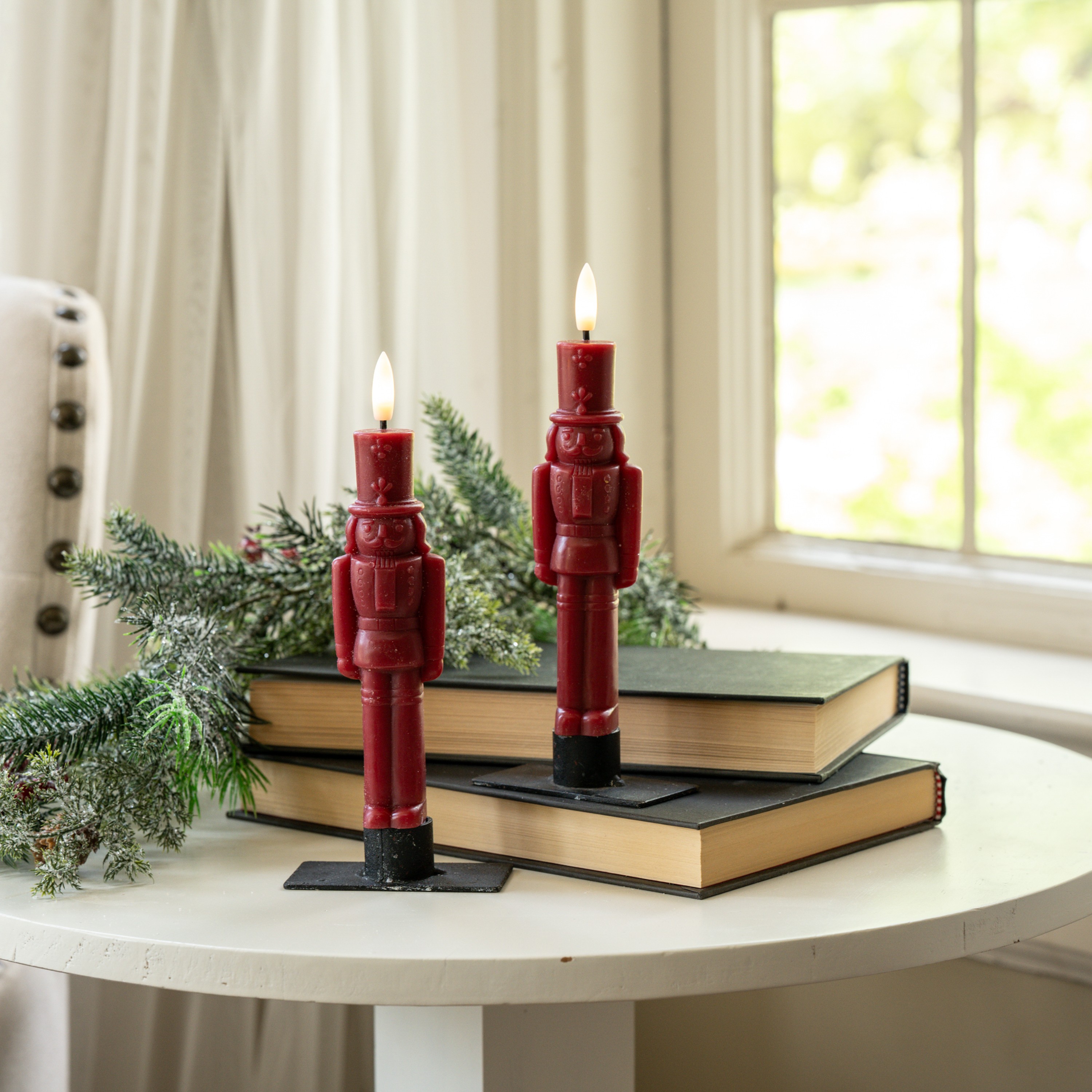 SET/2 - 7.5" 3D FLAME RED NUTCRACKER TAPER CANDLES