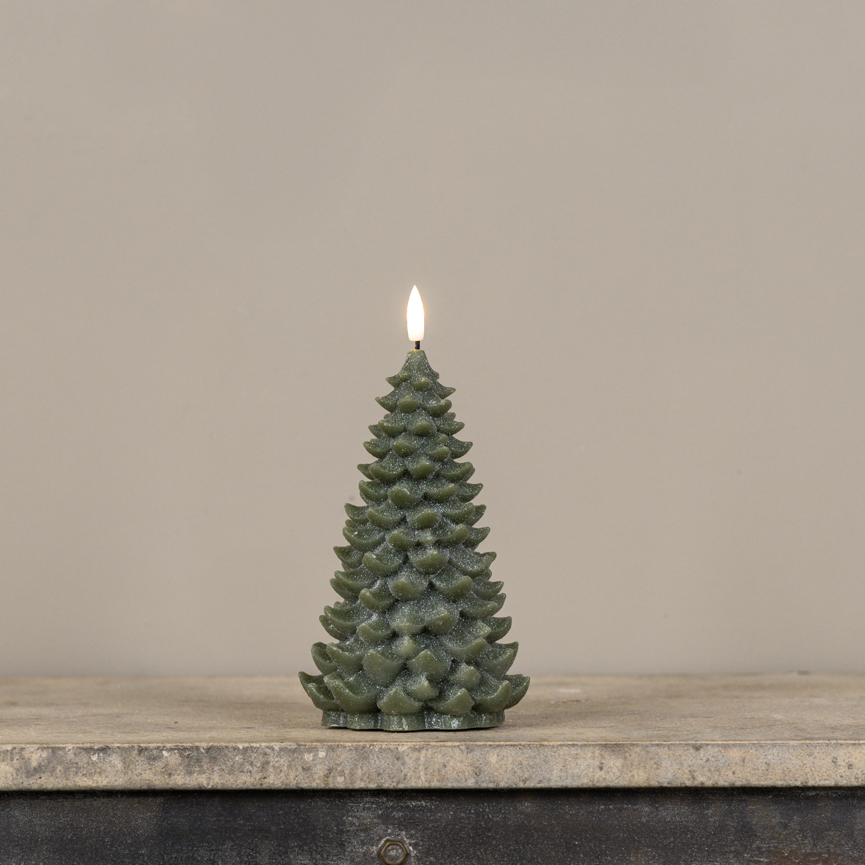 8" GREEN SHIMMER 3D FLAME BALSAM TREE CANDLE