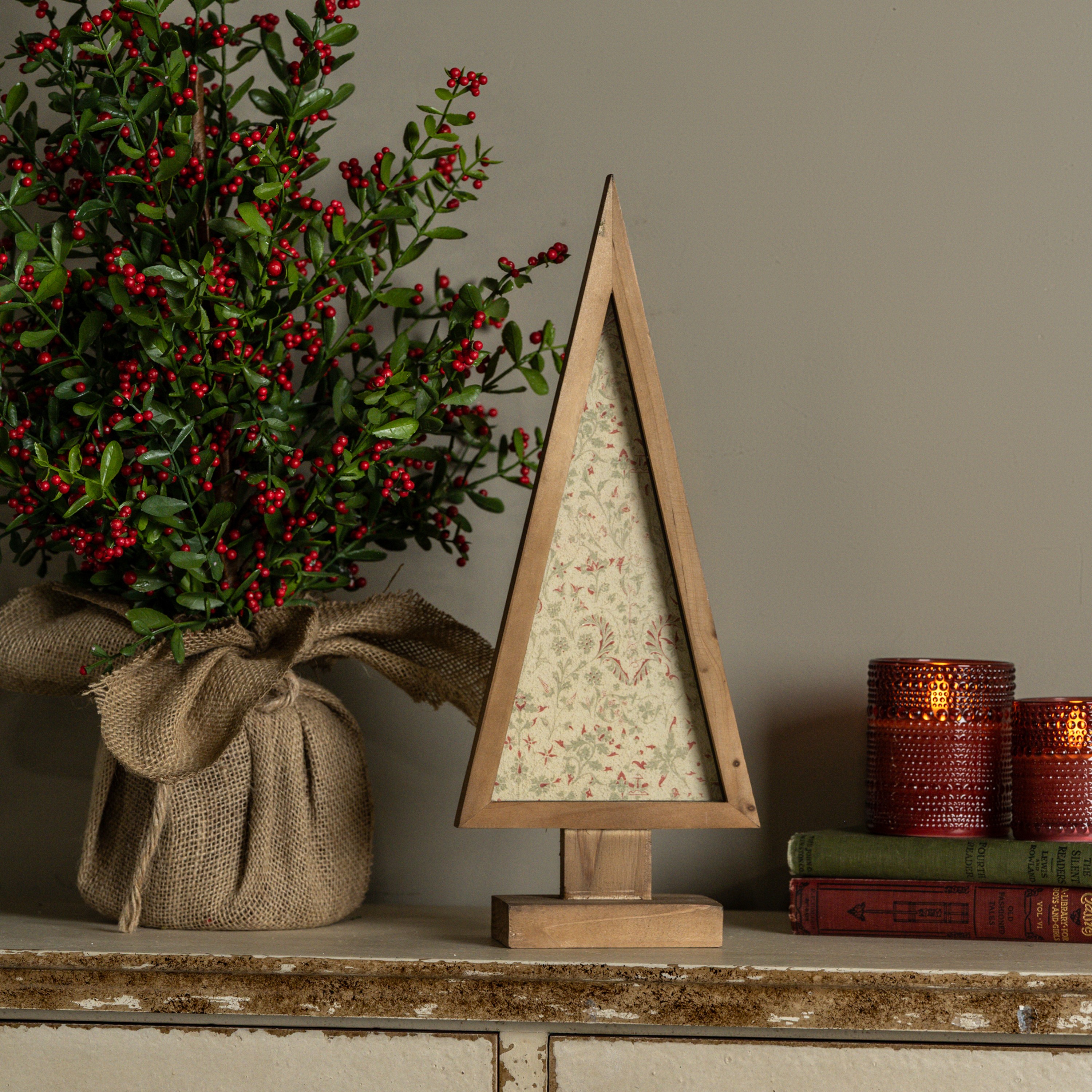 17" FRAMED RED & GREEN WALLPAPER TREE