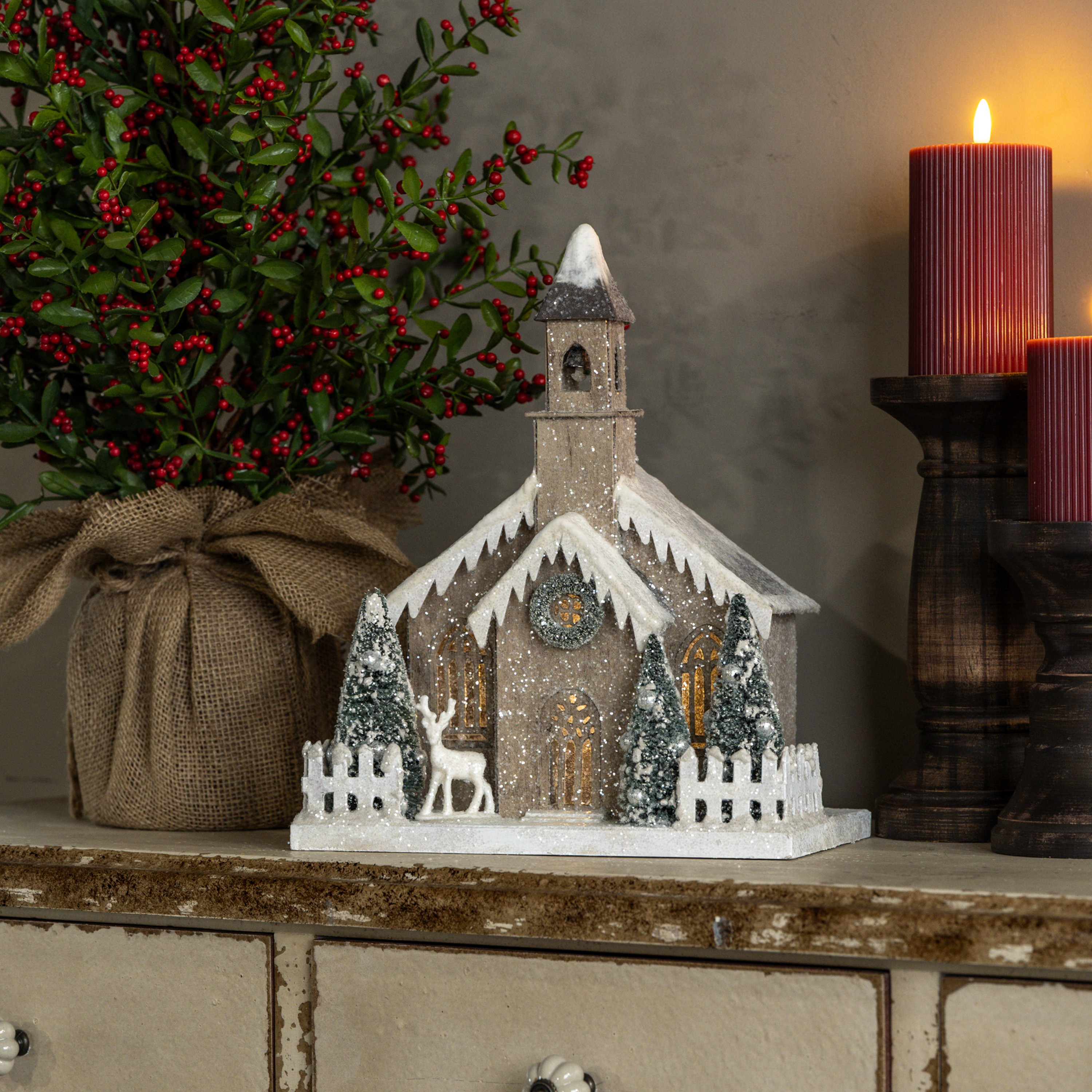 LIGHTED SNOW COVERED CHURCH W/ BELL