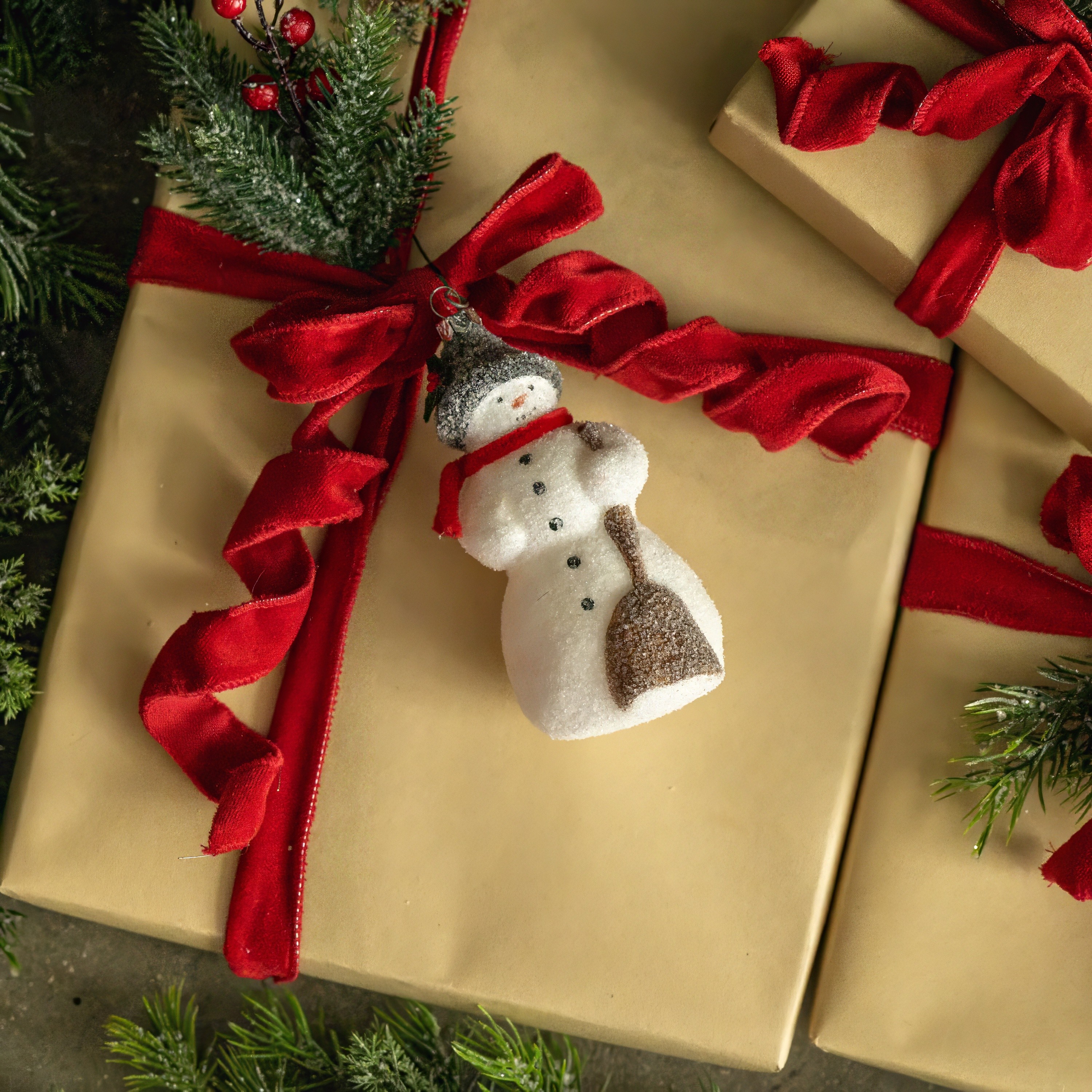 FROSTED SNOWMAN W/ BROOM ORNAMENT