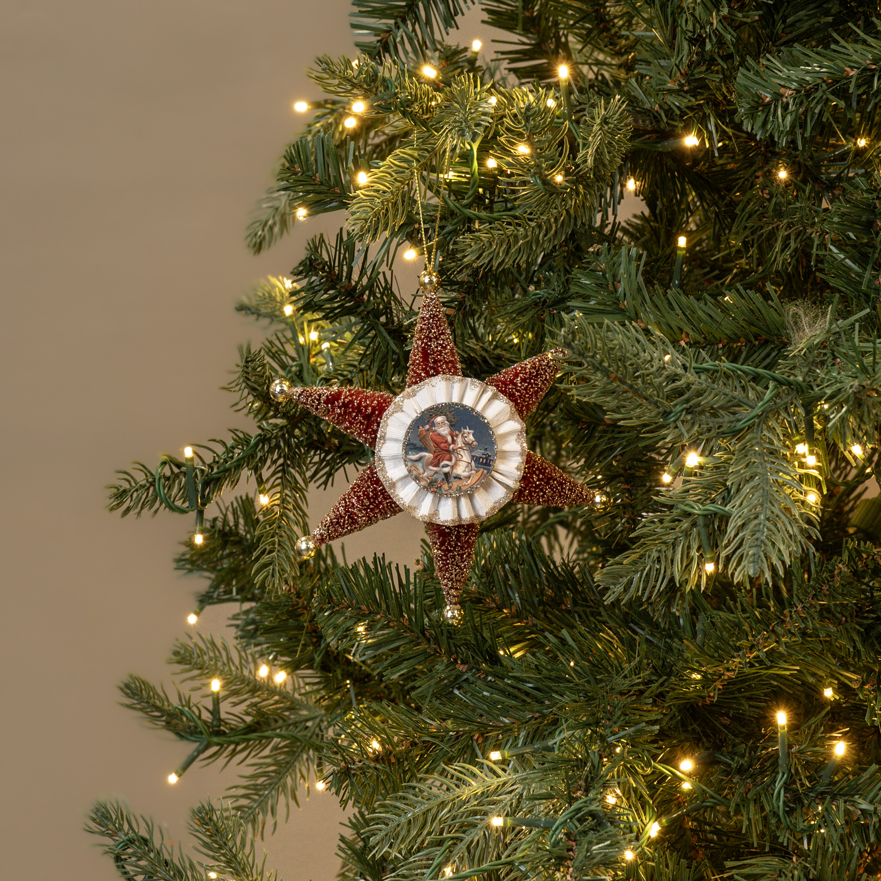 GLITTERED RED STAR W/ SANTA ORNAMENT