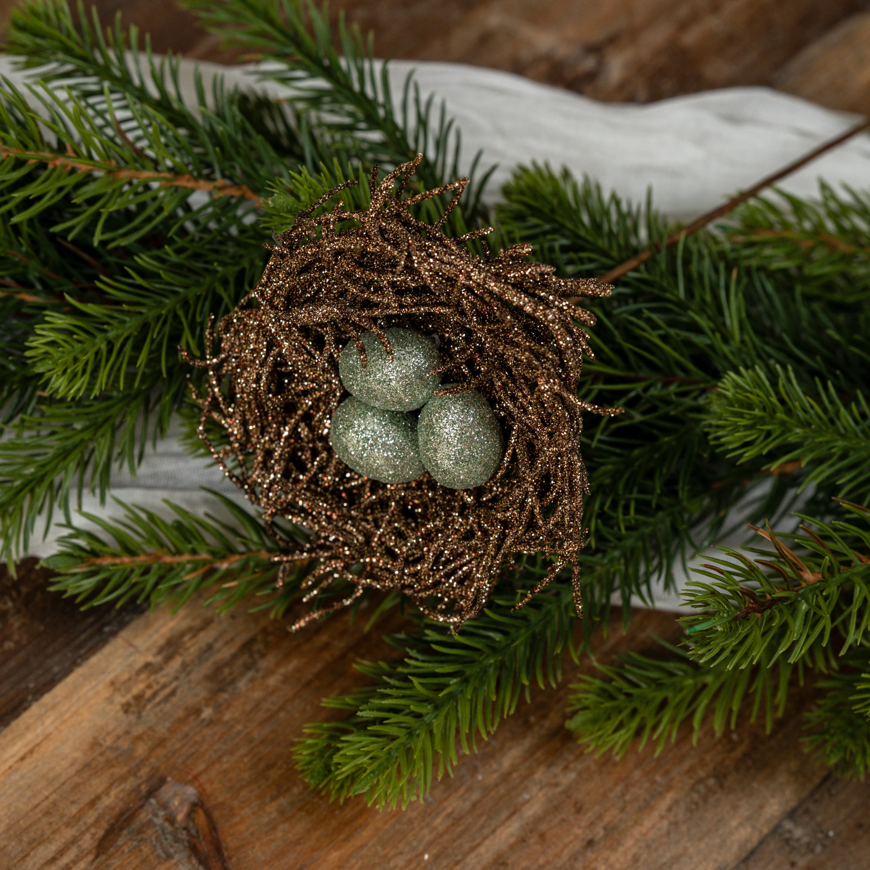 GLITTERED BIRD NEST W/ EGGS PICK