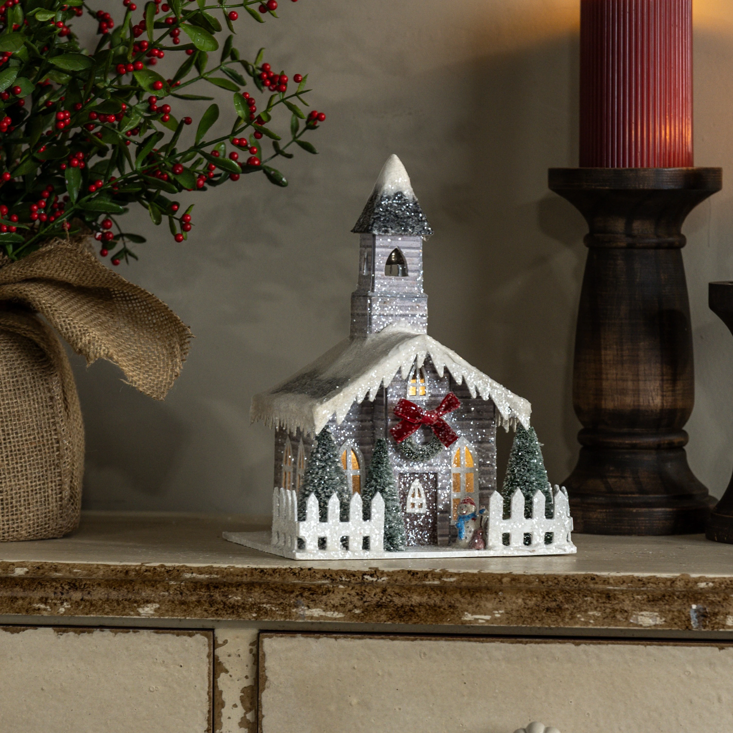 LIGHTED GREY CHURCH W/ RED BOW
