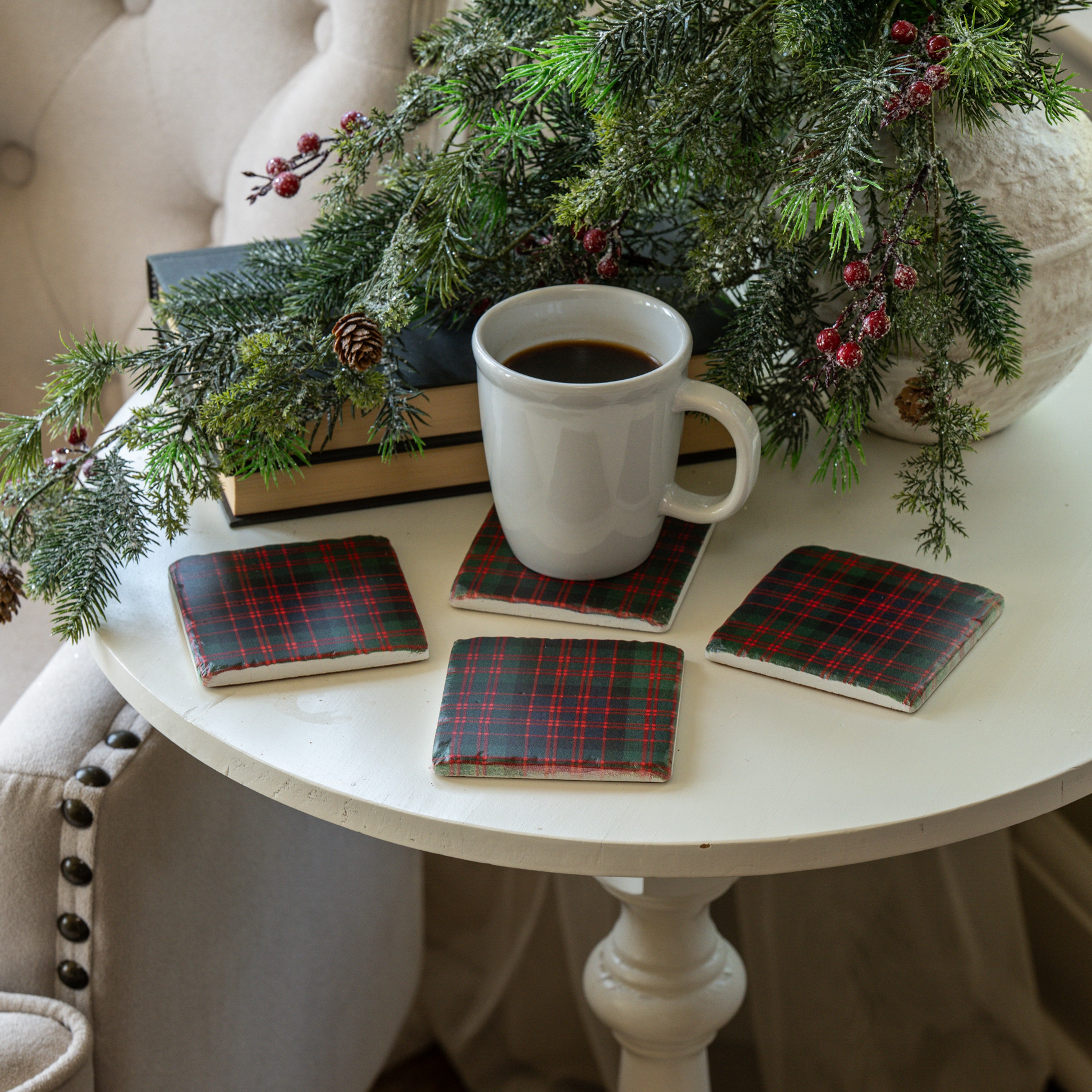SET/4 RED & GREEN TARTAN COASTERS