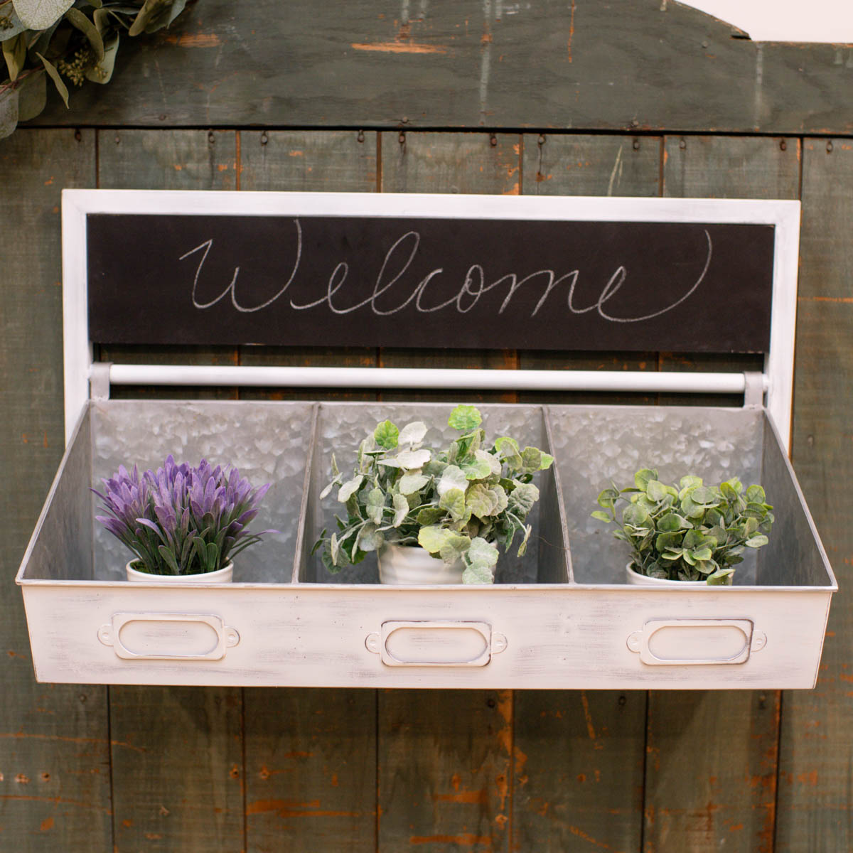 WHITE DIVIDED BIN & CHALKBOARD