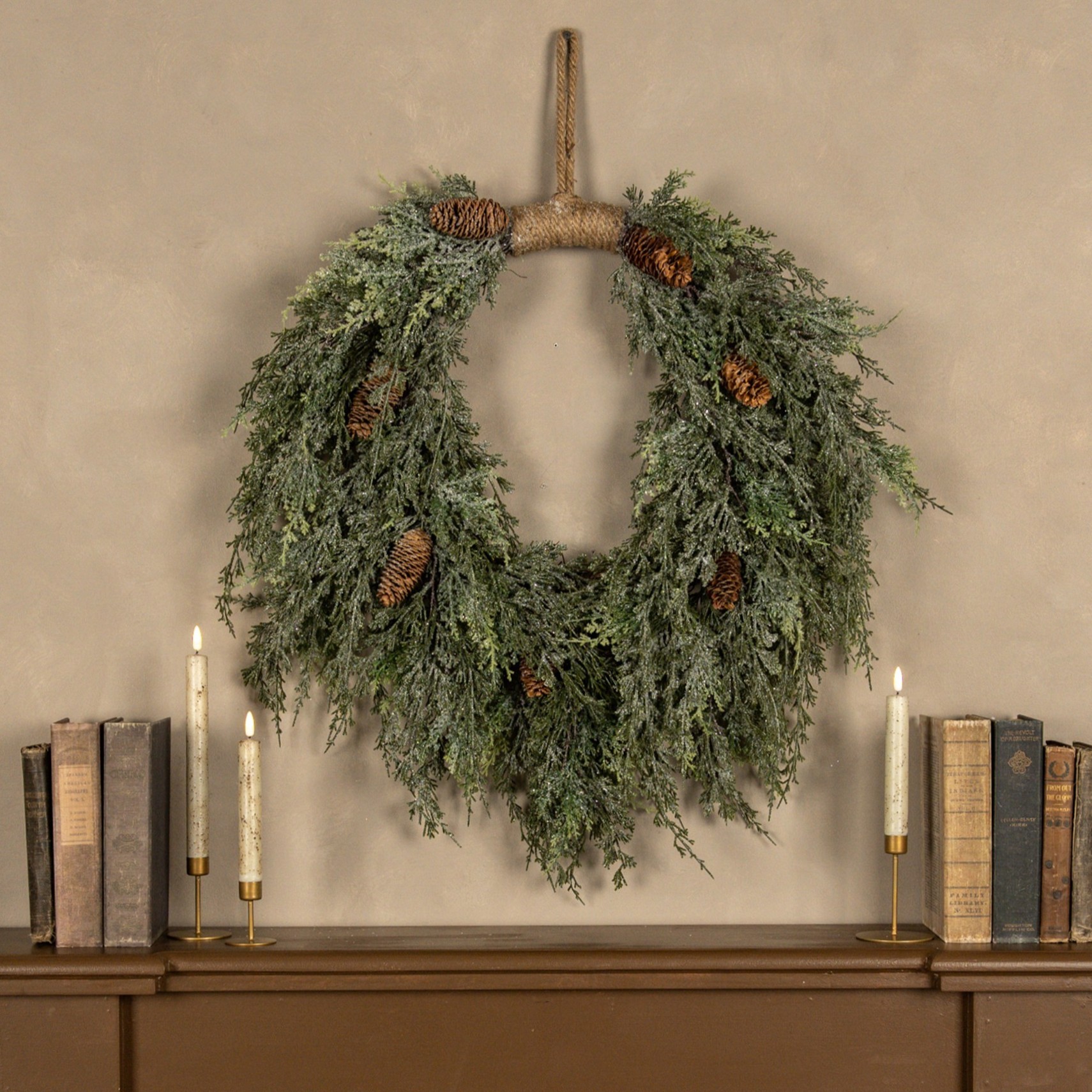 28" DARK GREEN ICED CEDAR & CONES HANGING WREATH