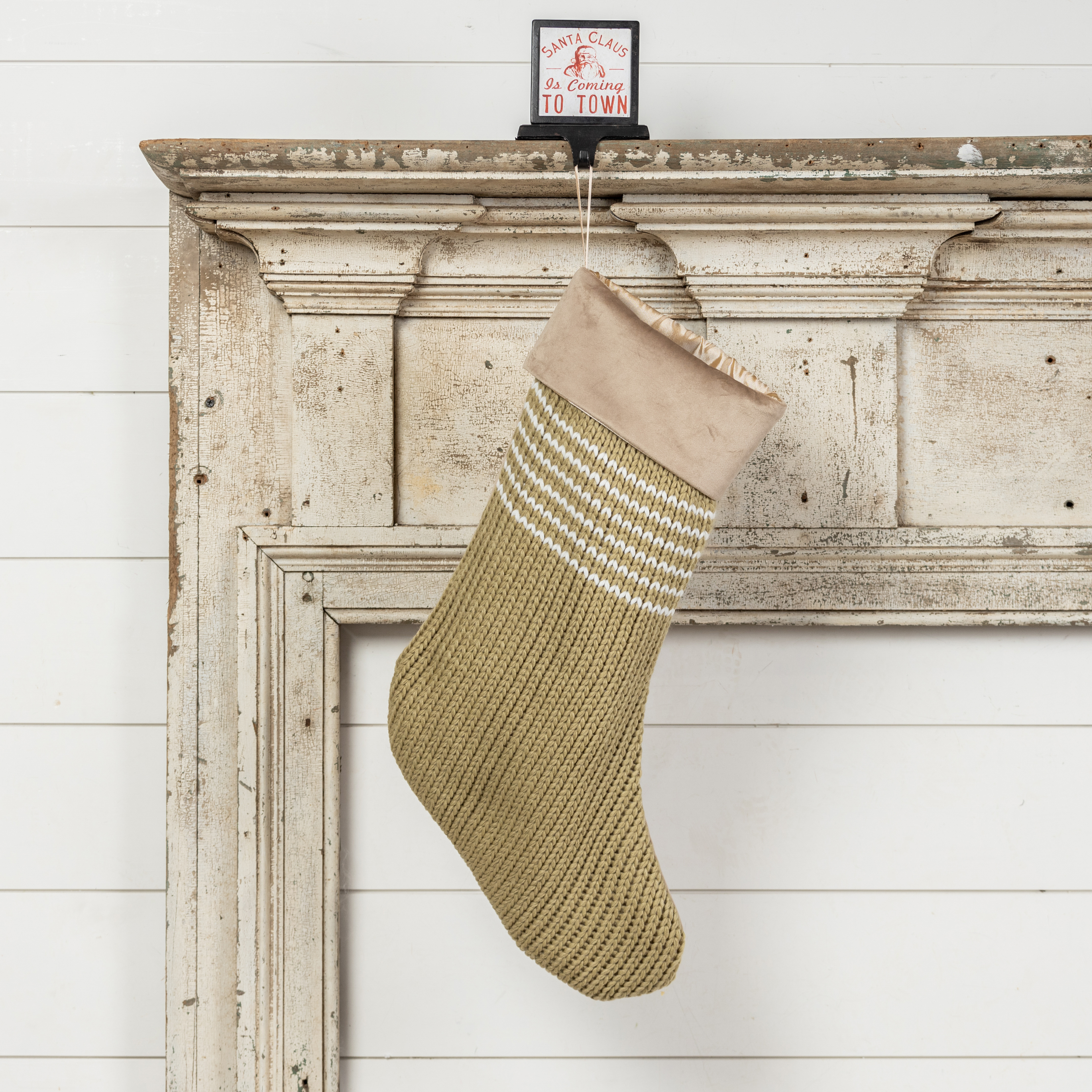 24" OLIVE STOCKING WITH WHITE STRIPES