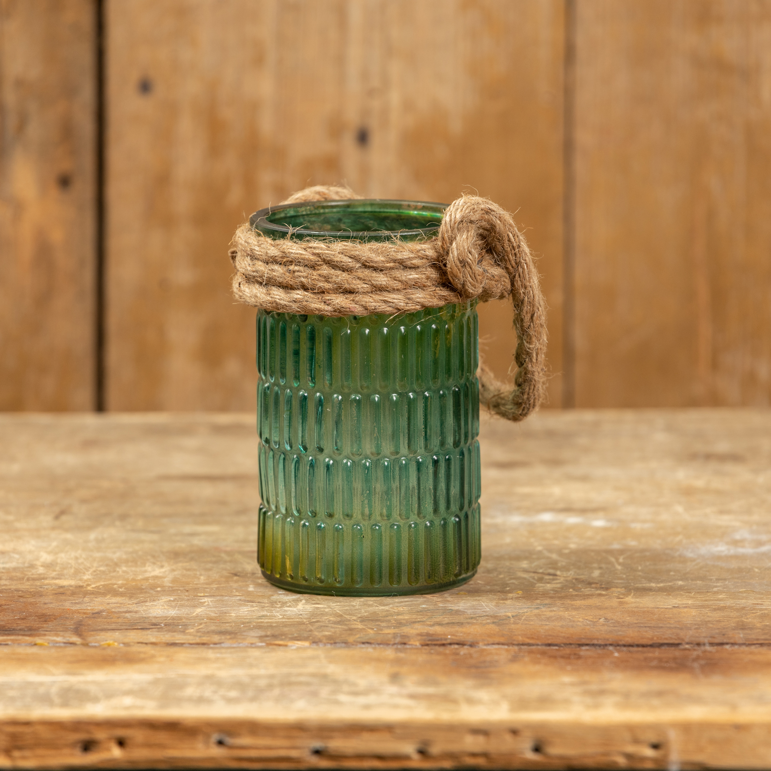 6" BLUE GLASS VOTIVE W/ ROPE HANDLE