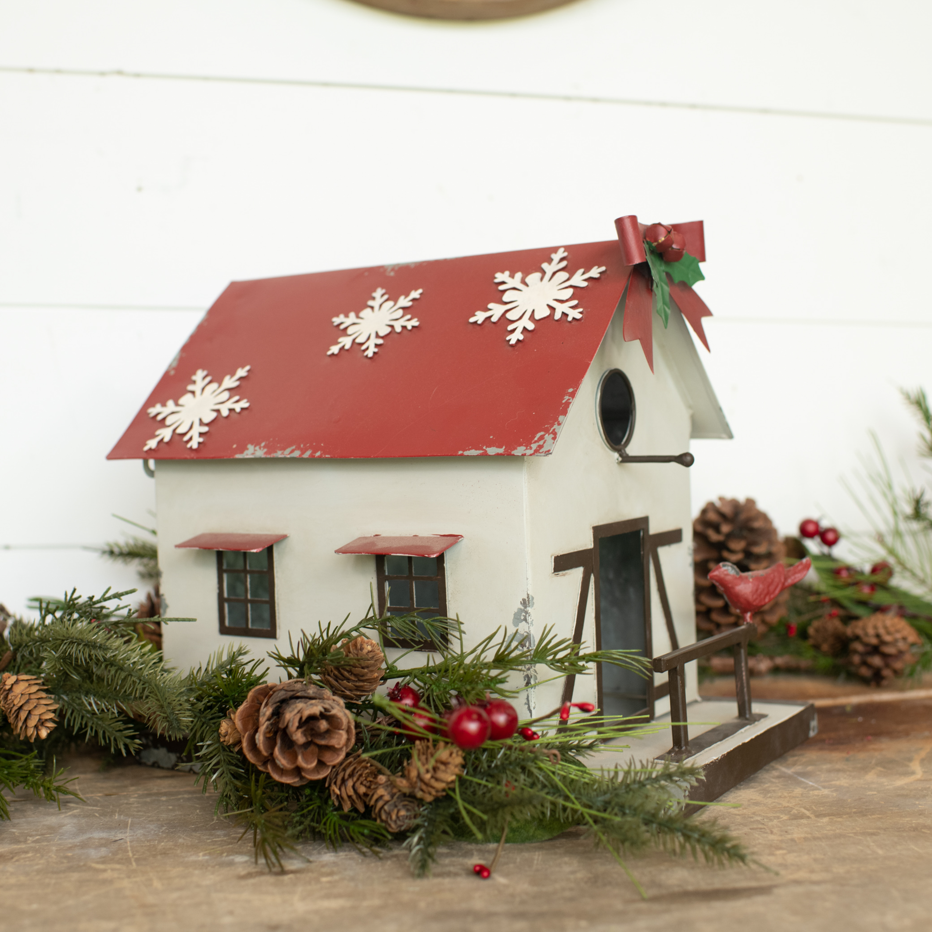 RED ROOF BIRDHOUSE WITH AWNING AND RAIL