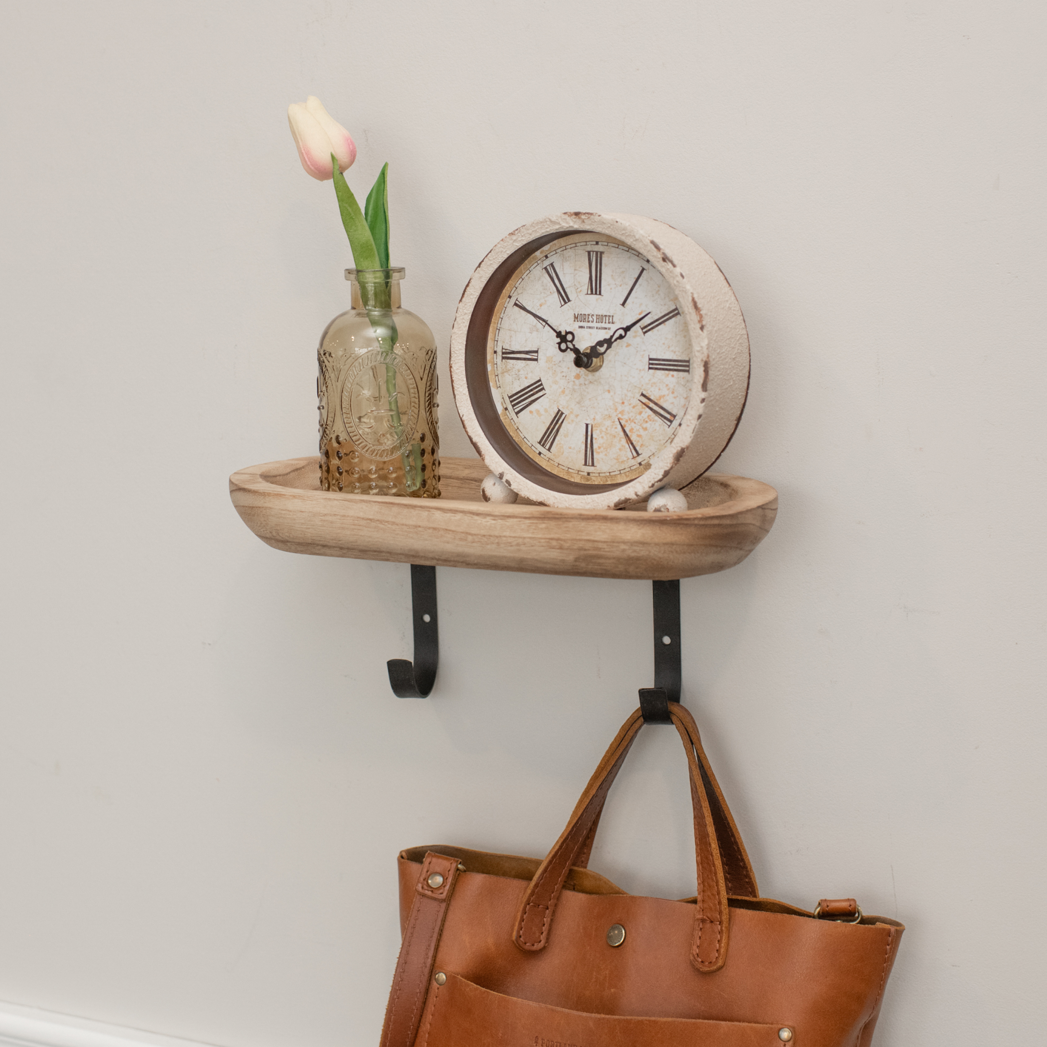 12" WOOD SHELF WITH WALL HOOKS