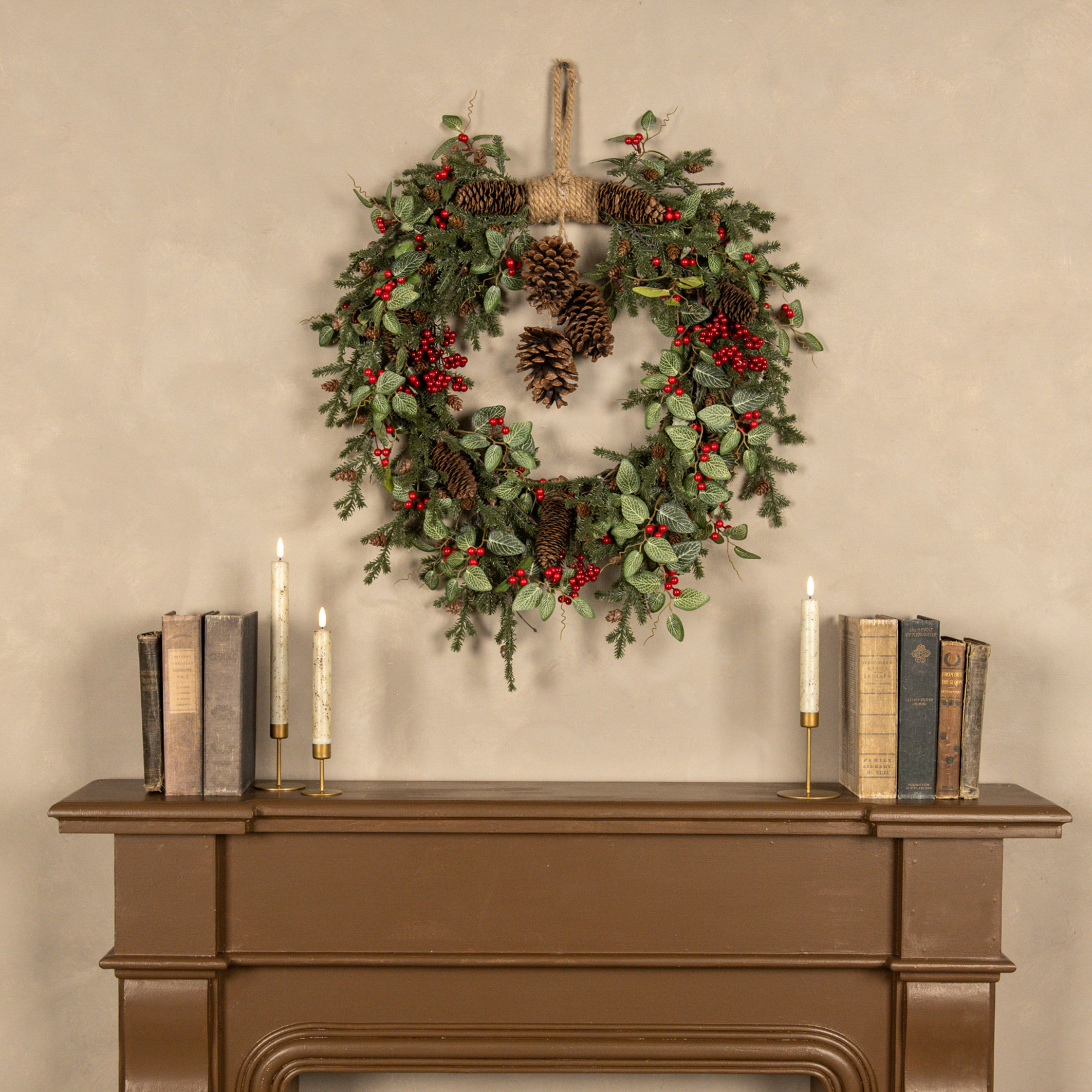24" FITTONIA, HOLLY & PINE W/ BERRIES HANGING WREATH