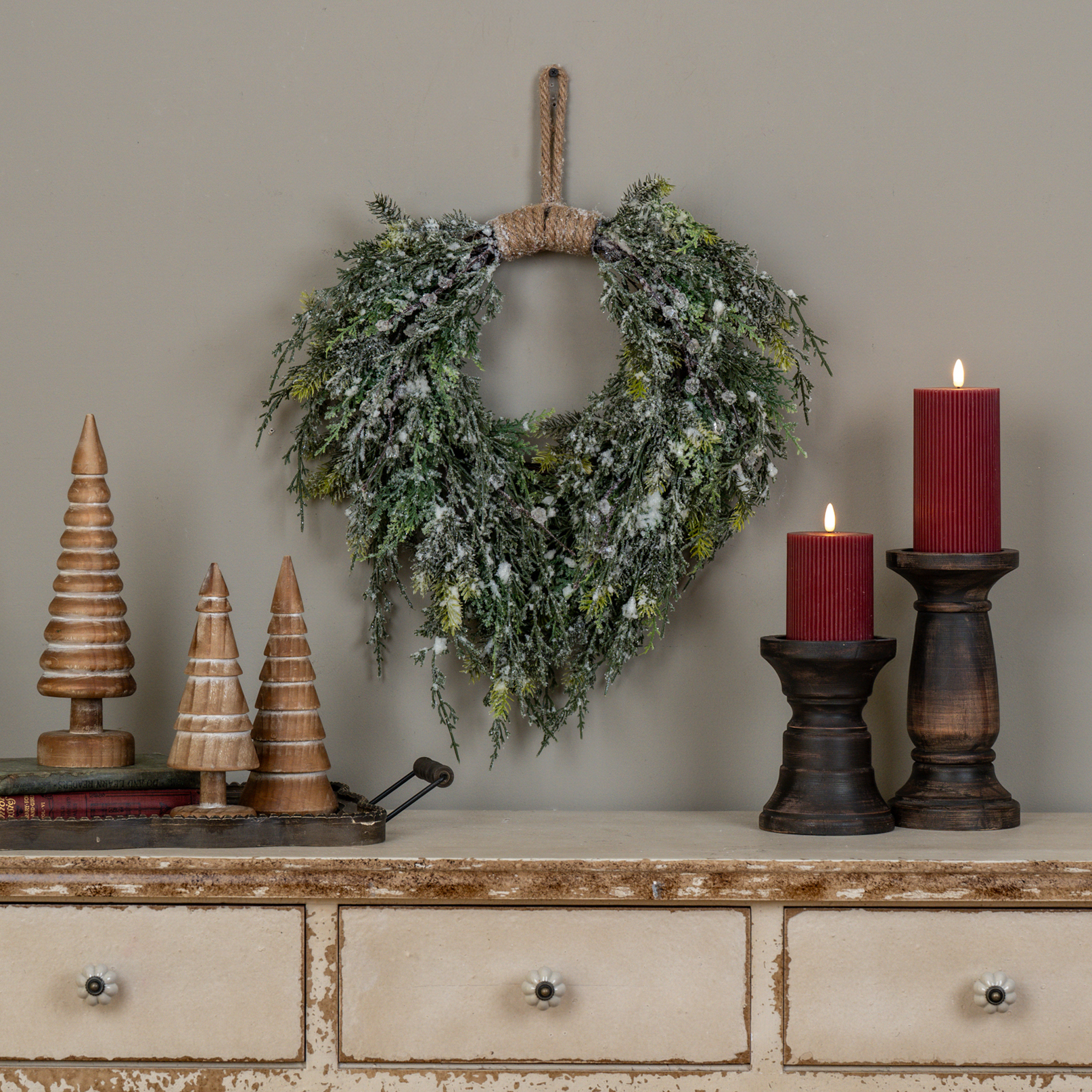 16" SNOWY CEDAR HANGING WREATH