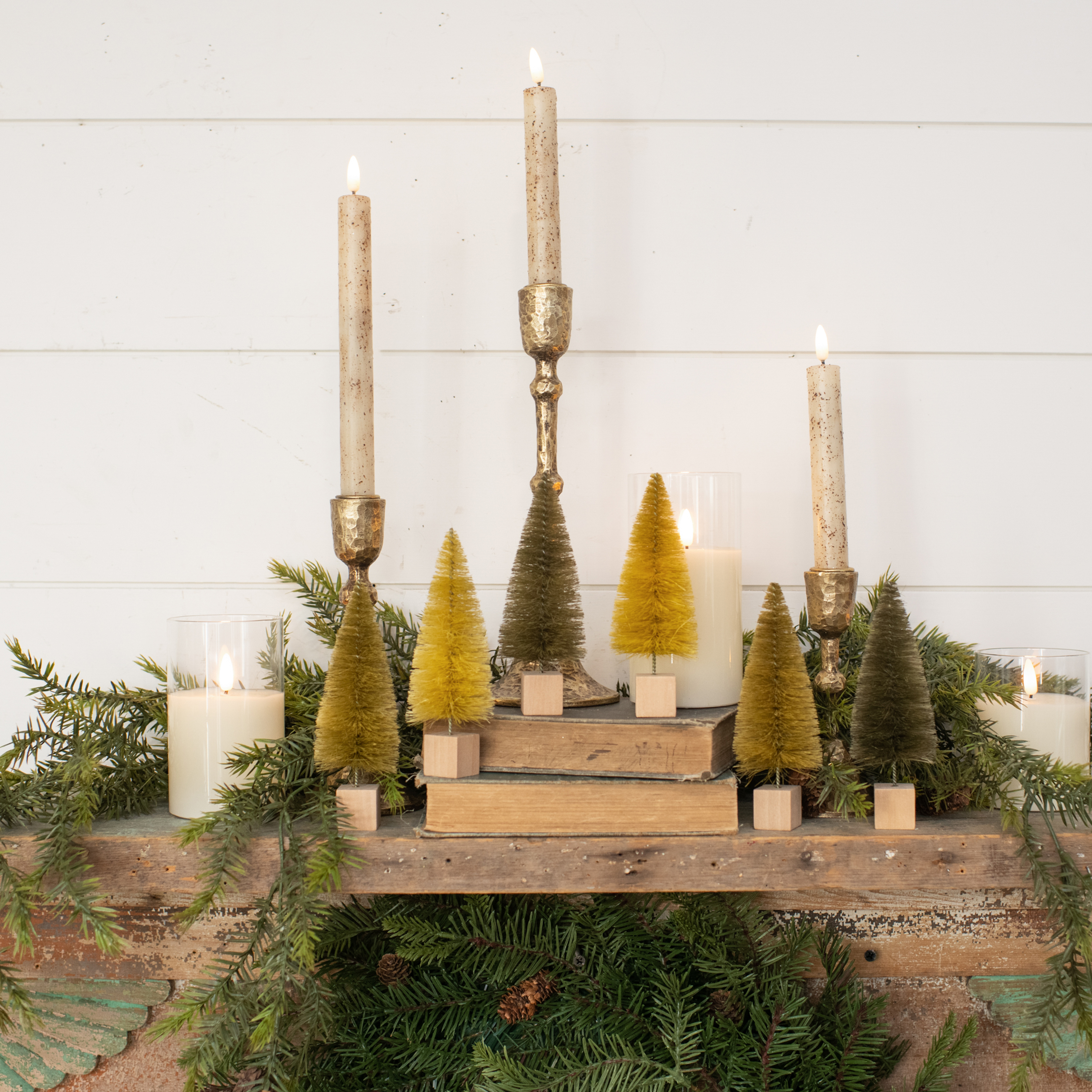 SET/6 - 6" MUSTARD HUES BOTTLE BRUSH TREES