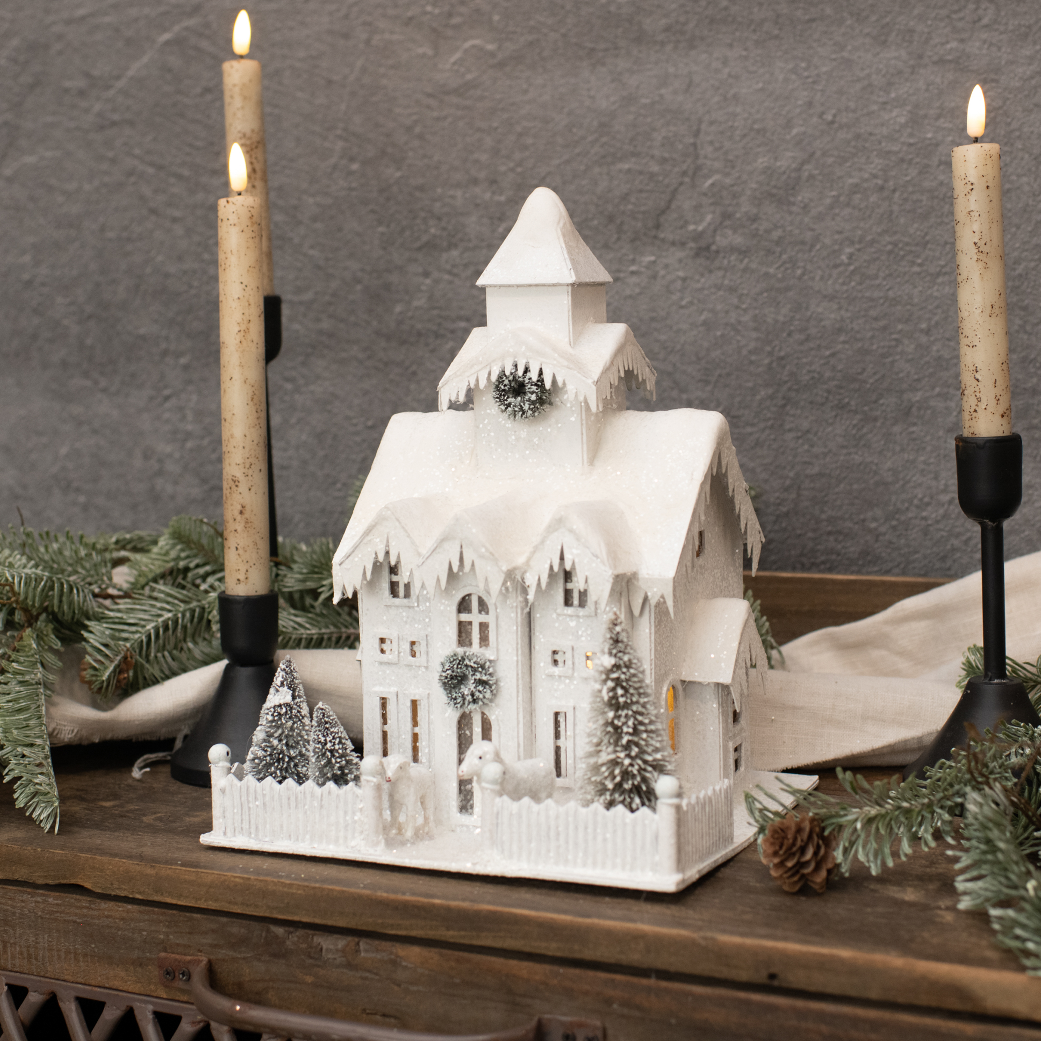 LIGHTED WHITE COUNTRY CHURCH