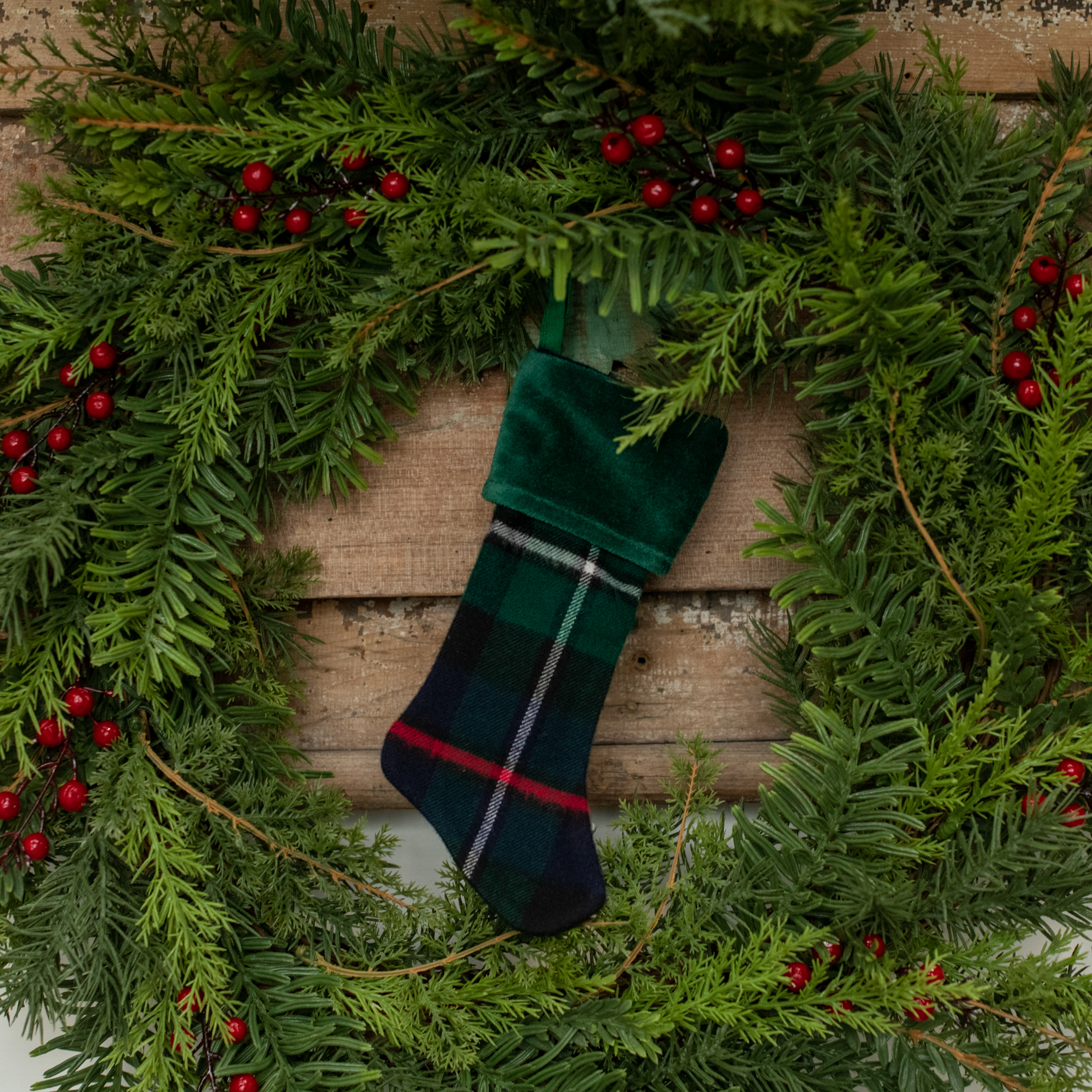 8" TARTAN STOCKING ORNAMENT W/ GREEN CUFF